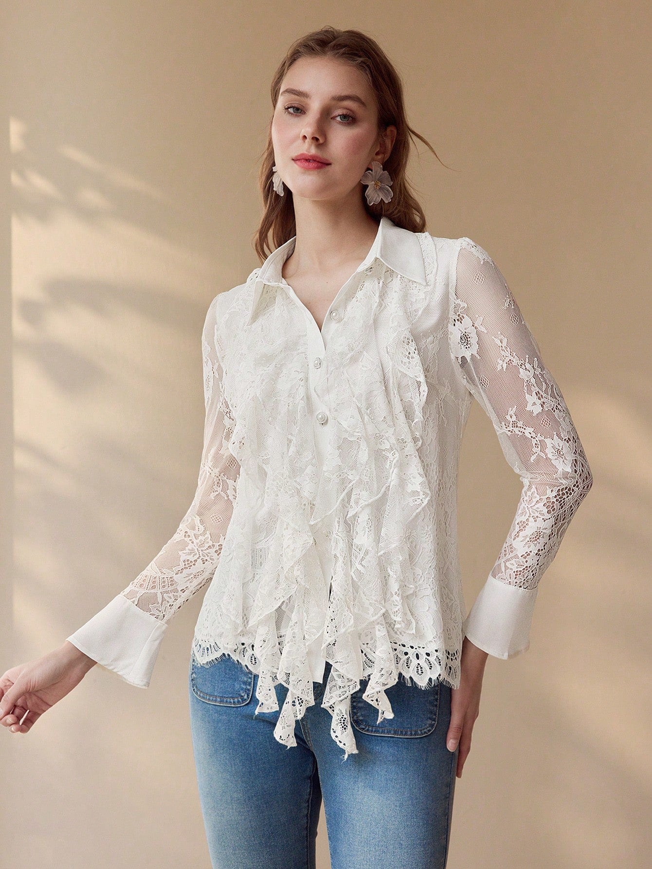 CM-TS939577 Women Elegant Seoul Style Collar Neckline Long Sleeve Contrast Lace Ruffle Trim Blouse - White