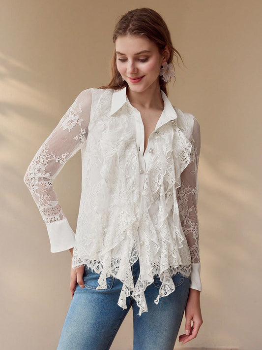 CM-TS939577 Women Elegant Seoul Style Collar Neckline Long Sleeve Contrast Lace Ruffle Trim Blouse - White