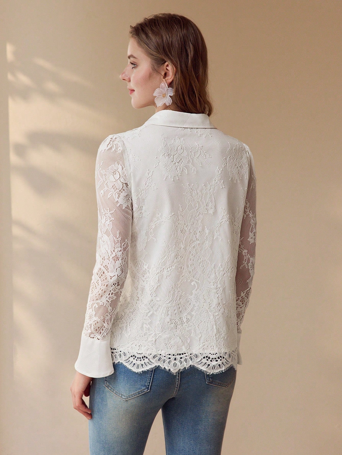 CM-TS939577 Women Elegant Seoul Style Collar Neckline Long Sleeve Contrast Lace Ruffle Trim Blouse - White