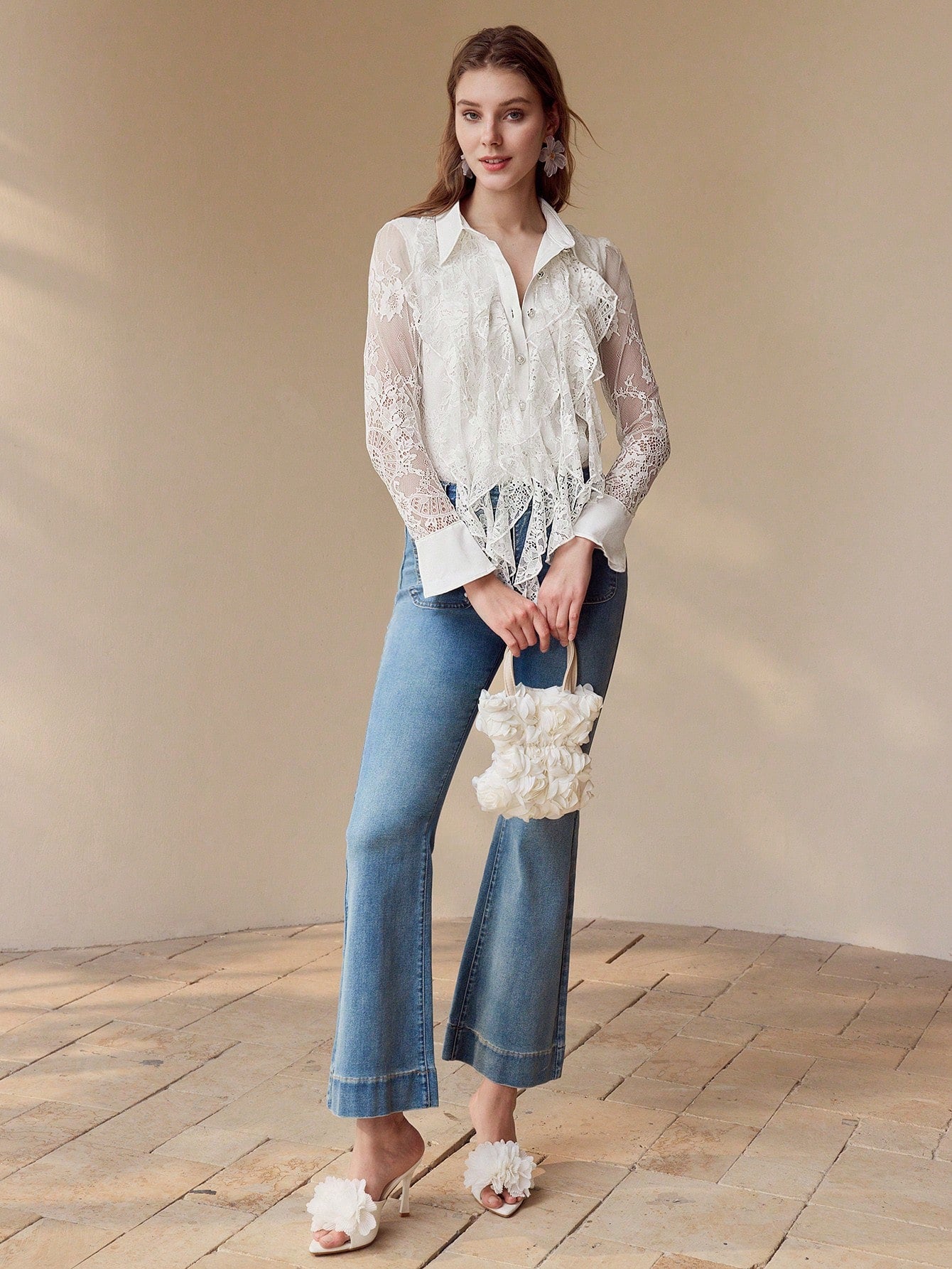 CM-TS939577 Women Elegant Seoul Style Collar Neckline Long Sleeve Contrast Lace Ruffle Trim Blouse - White