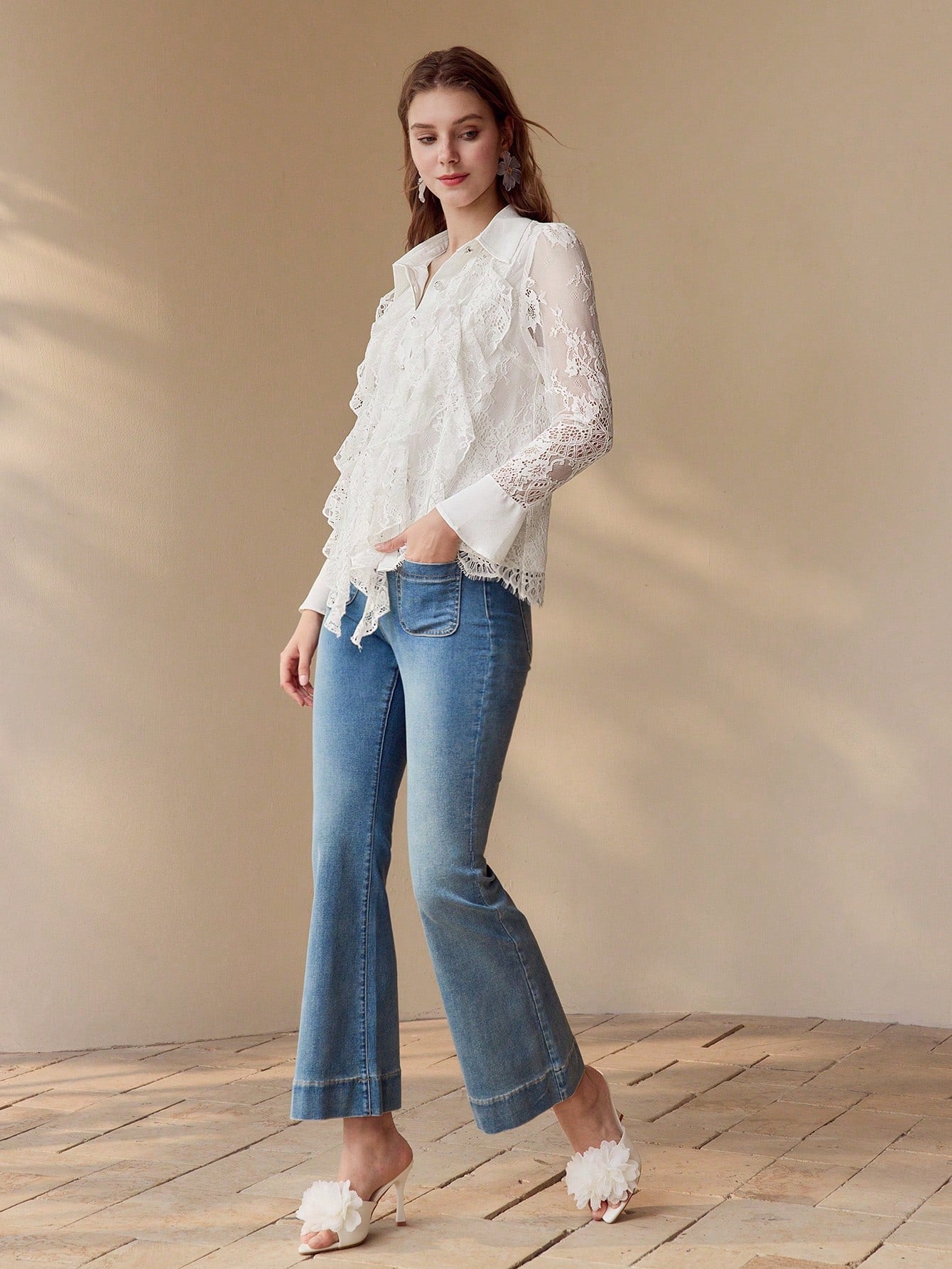 CM-TS939577 Women Elegant Seoul Style Collar Neckline Long Sleeve Contrast Lace Ruffle Trim Blouse - White