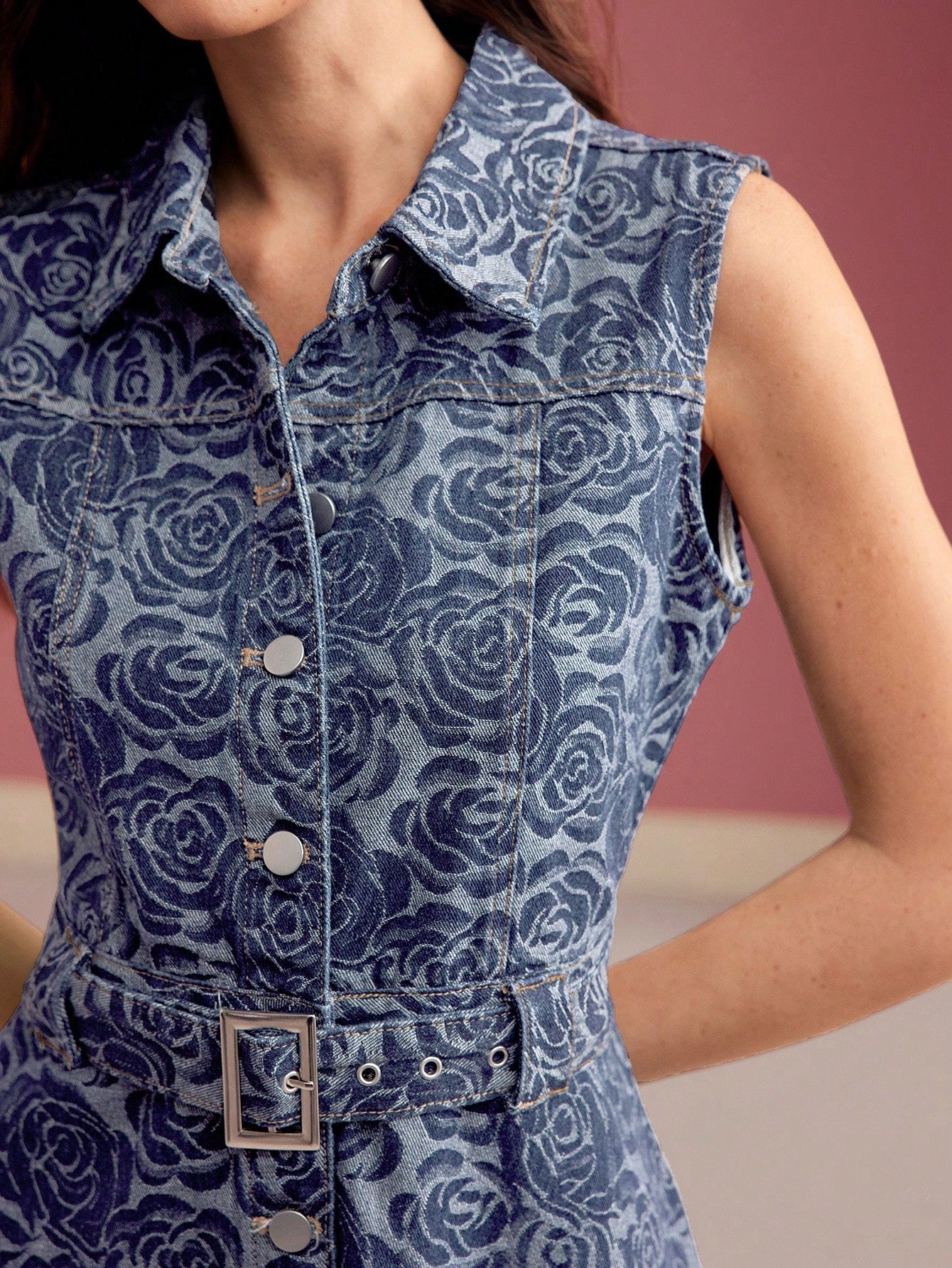 CM-DS909191 Women ELegant Seoul Style Floral Print Collar Neckline Button Up Sleeveless High Waist Denim Dress