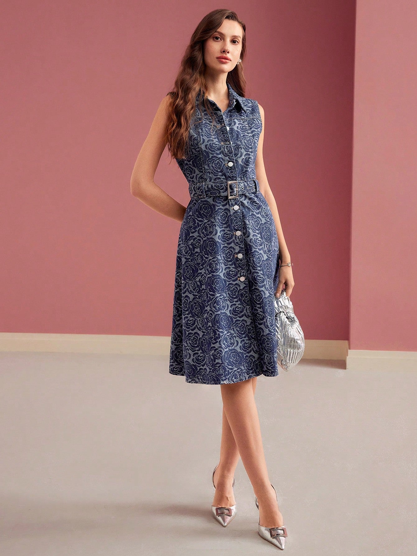 CM-DS909191 Women ELegant Seoul Style Floral Print Collar Neckline Button Up Sleeveless High Waist Denim Dress