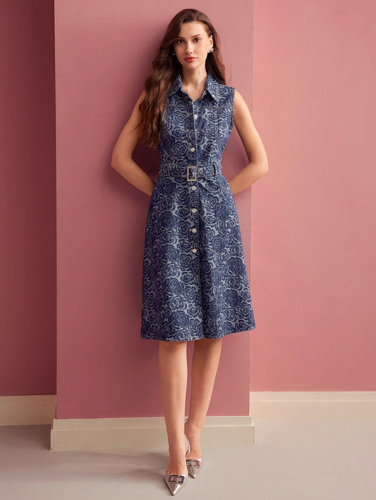 CM-DS909191 Women ELegant Seoul Style Floral Print Collar Neckline Button Up Sleeveless High Waist Denim Dress