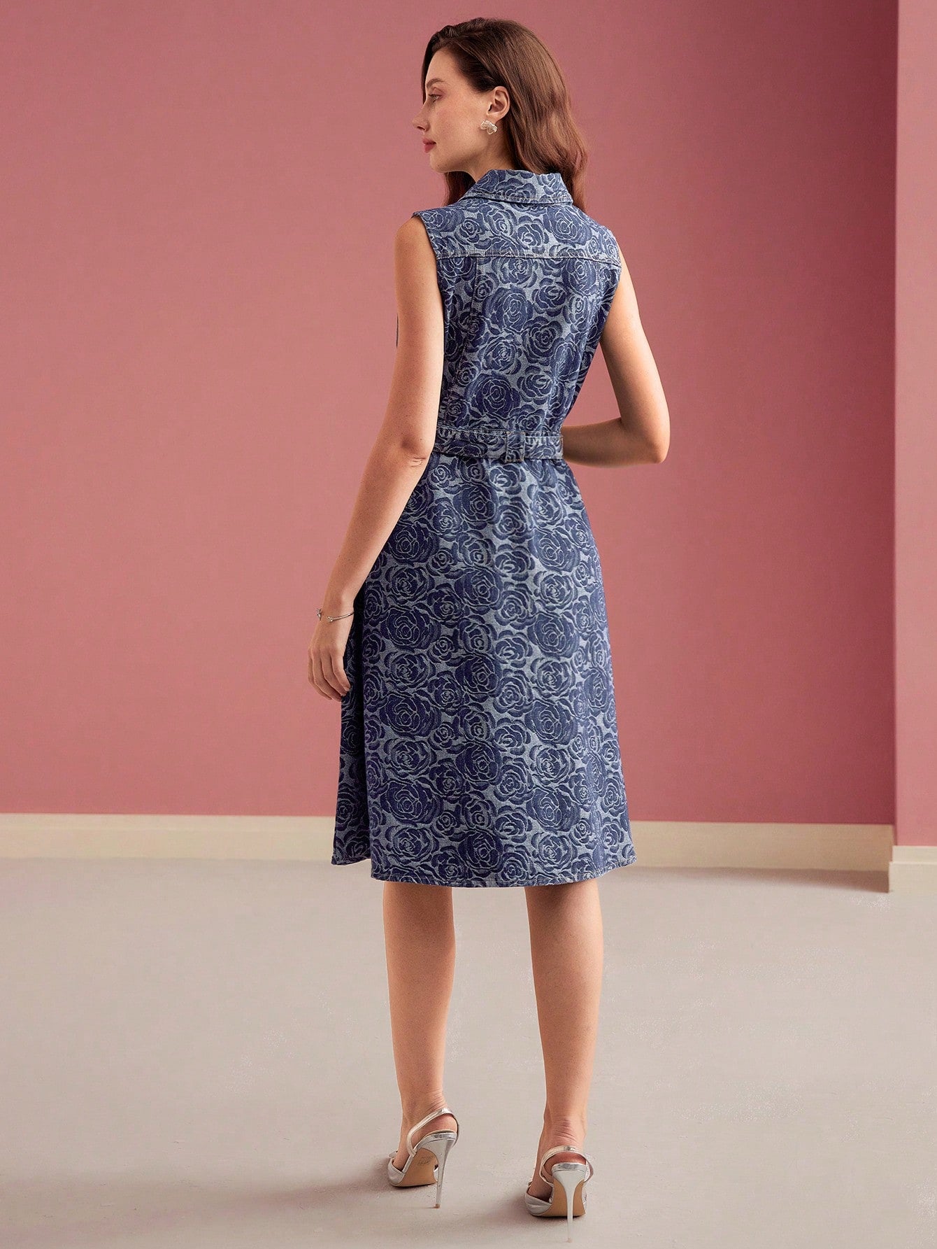 CM-DS909191 Women ELegant Seoul Style Floral Print Collar Neckline Button Up Sleeveless High Waist Denim Dress