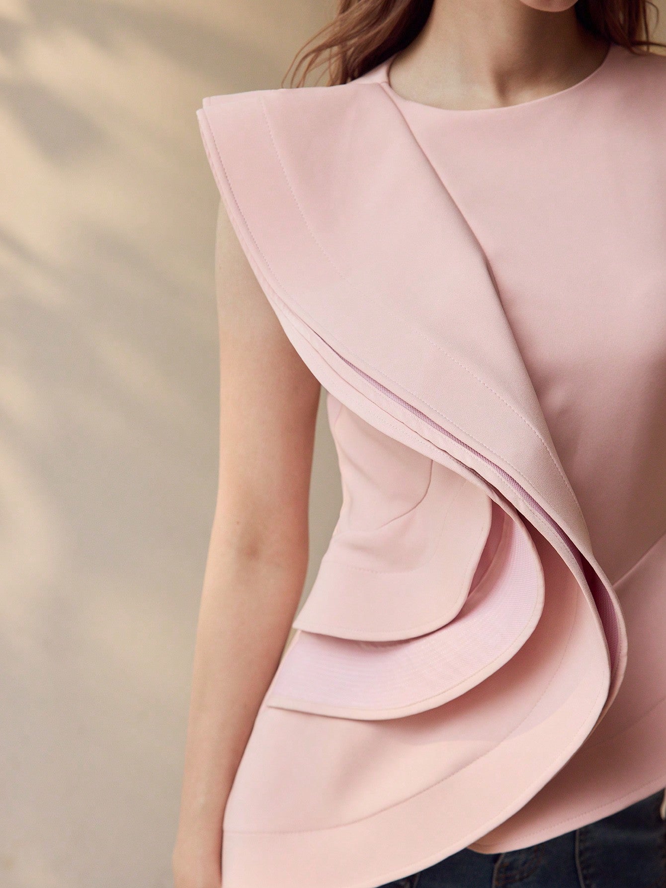 CM-TS433493 Women Elegant Seoul Style Solid Layered Ruffle Trim Asymmetrical Hem Peplum Top - Pink