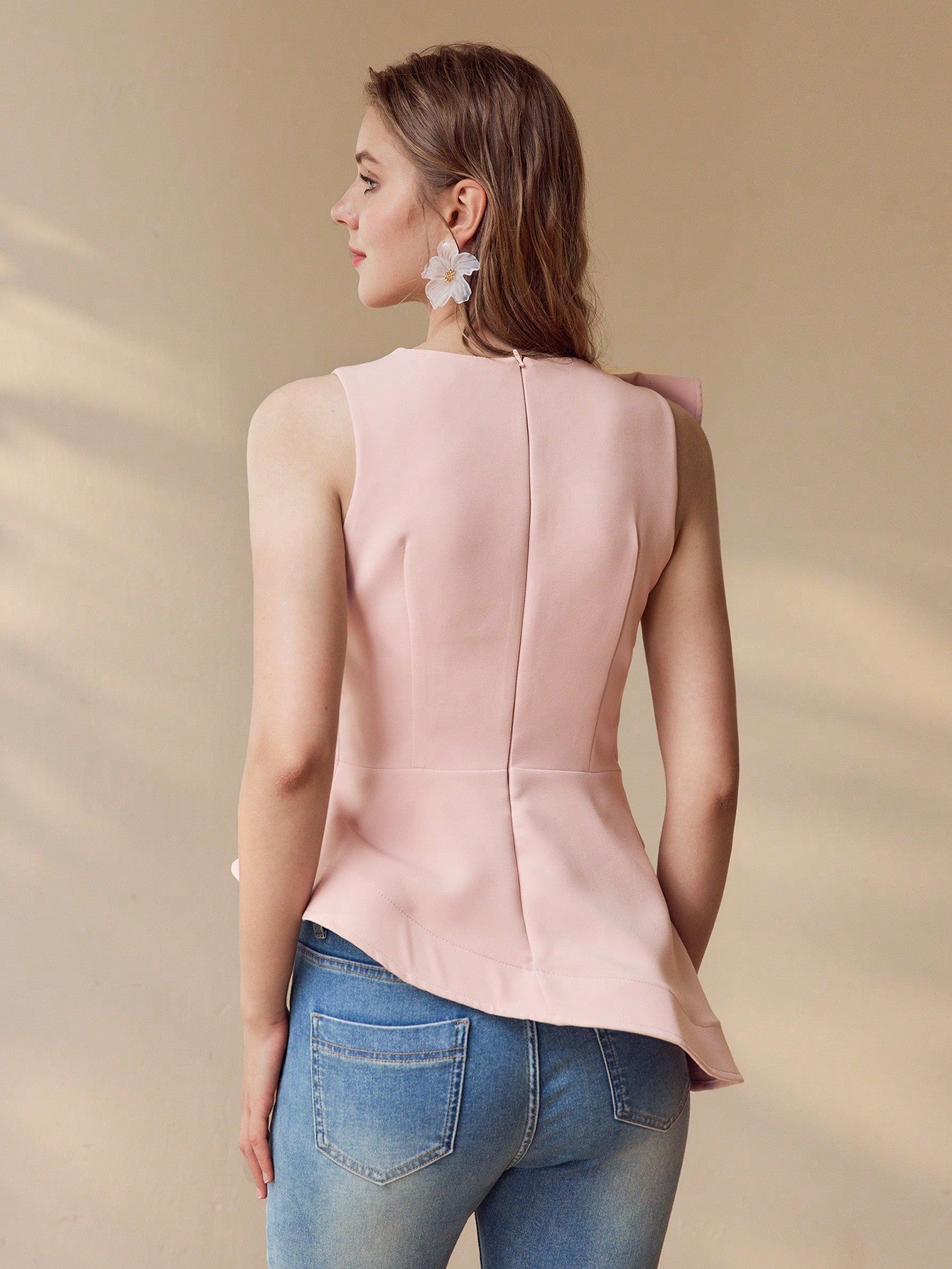 CM-TS433493 Women Elegant Seoul Style Solid Layered Ruffle Trim Asymmetrical Hem Peplum Top - Pink