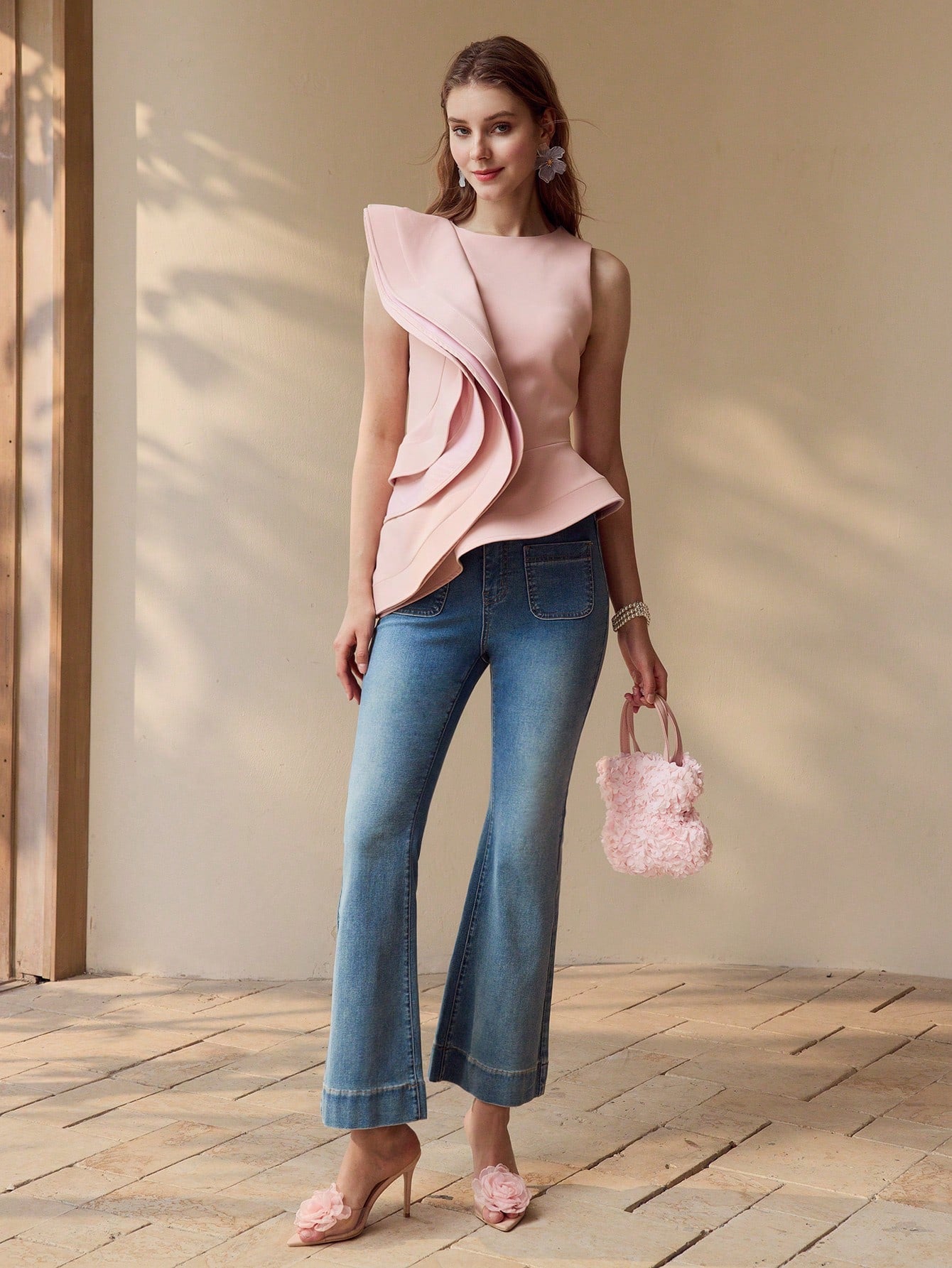 CM-TS433493 Women Elegant Seoul Style Solid Layered Ruffle Trim Asymmetrical Hem Peplum Top - Pink
