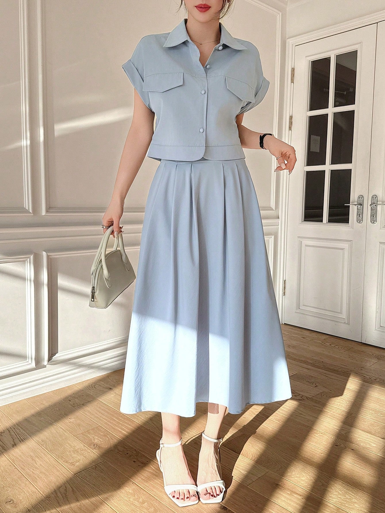 CM-SS334414 Women Elegant Seoul Style Plain Collar Neckline Batwing Sleeve Cropped Shirt With Skirt - Set