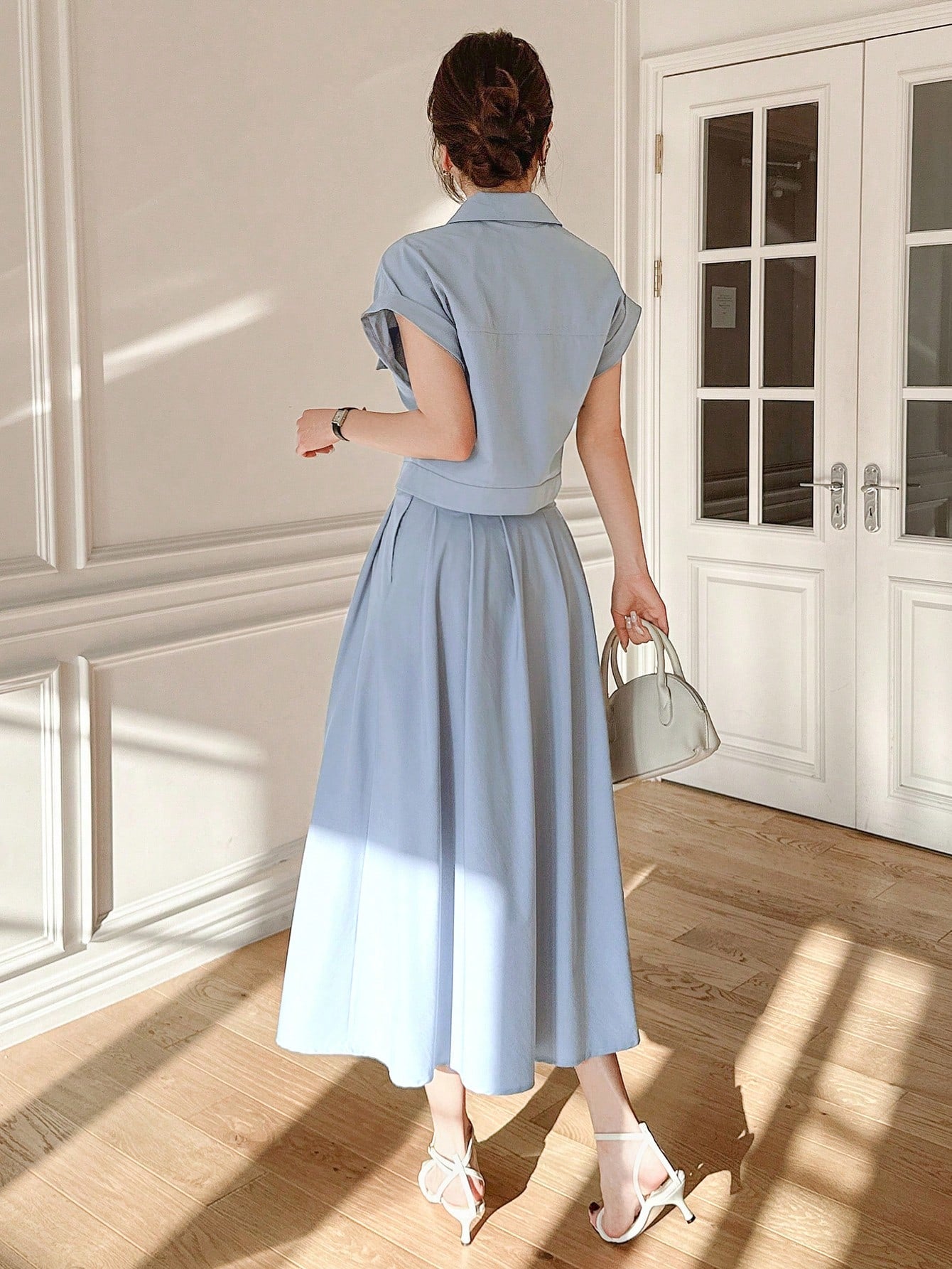 CM-SS334414 Women Elegant Seoul Style Plain Collar Neckline Batwing Sleeve Cropped Shirt With Skirt - Set