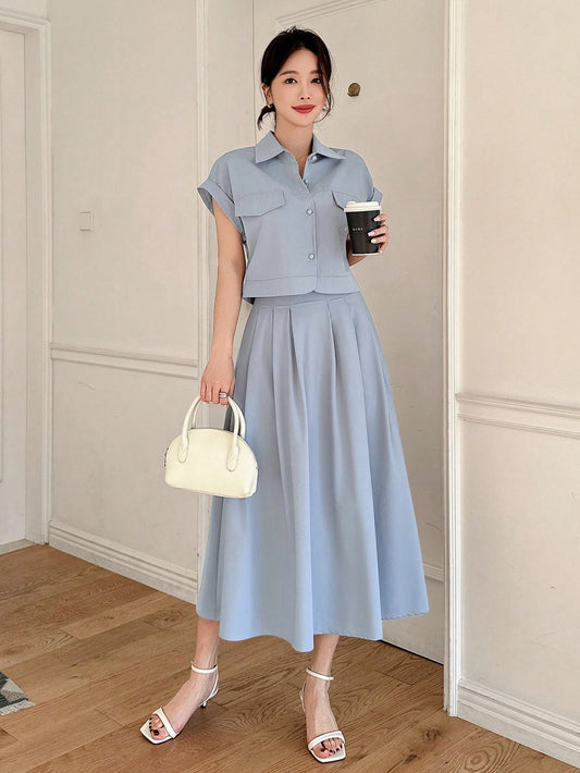 CM-SS334414 Women Elegant Seoul Style Plain Collar Neckline Batwing Sleeve Cropped Shirt With Skirt - Set