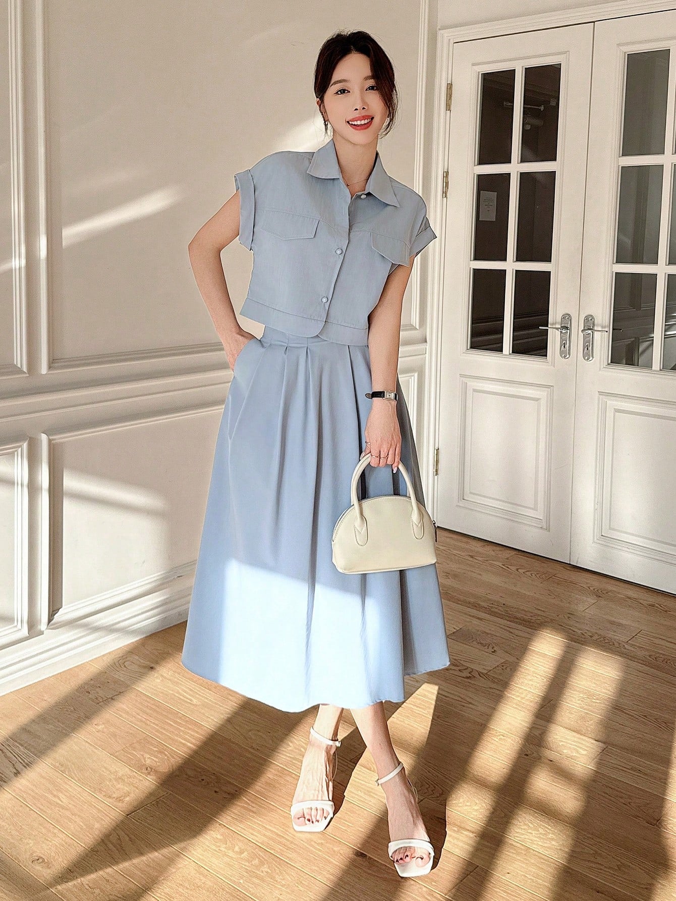 CM-SS334414 Women Elegant Seoul Style Plain Collar Neckline Batwing Sleeve Cropped Shirt With Skirt - Set