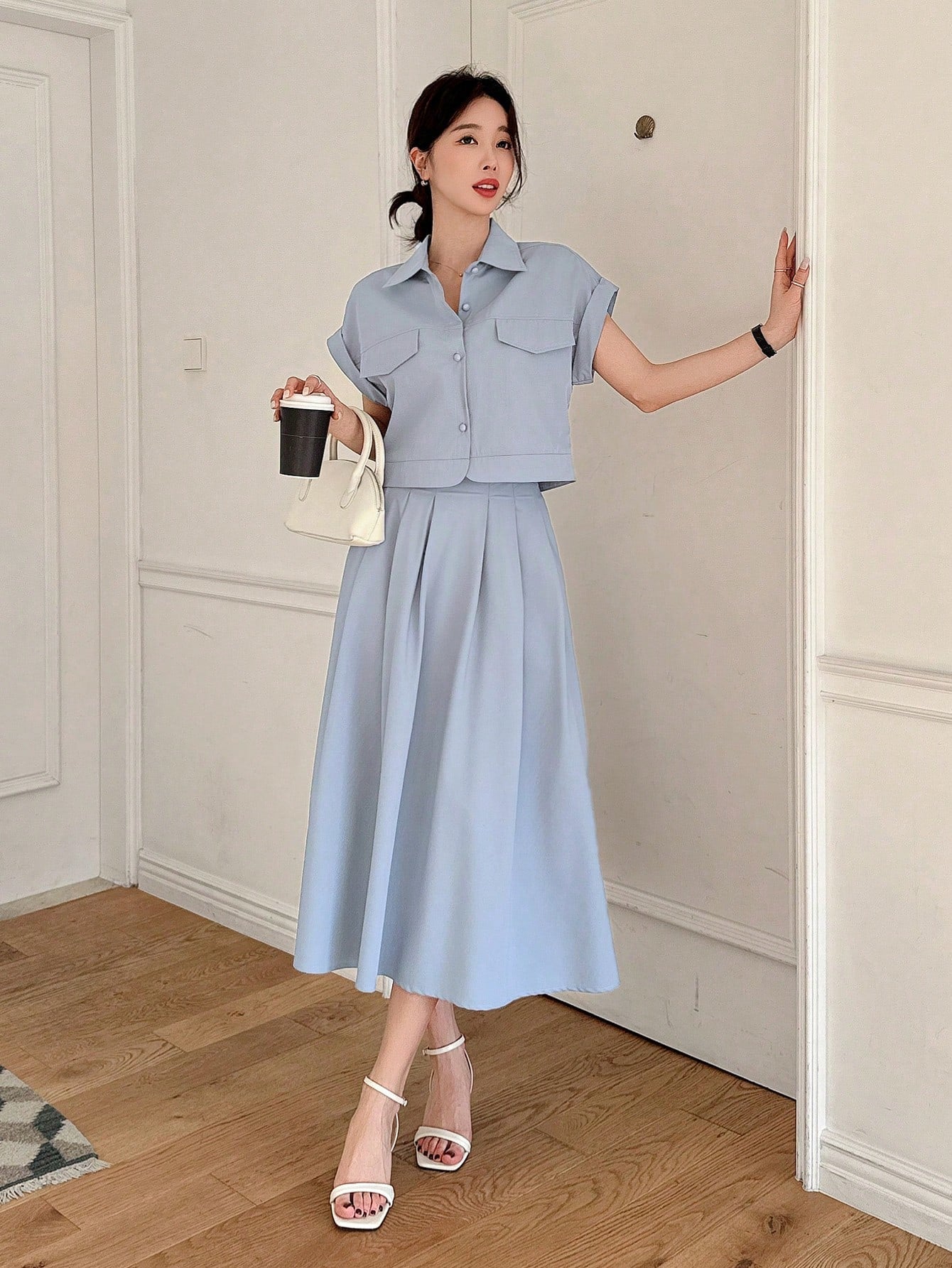CM-SS334414 Women Elegant Seoul Style Plain Collar Neckline Batwing Sleeve Cropped Shirt With Skirt - Set