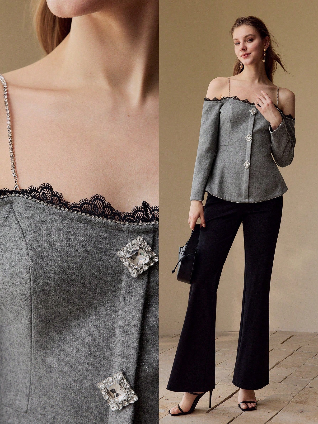 CM-TS658838 Women Elegant Seoul Style Spaghetti Strap Cold Shoulder Contast Lace Rhinestone Decor Top - Datk Gray