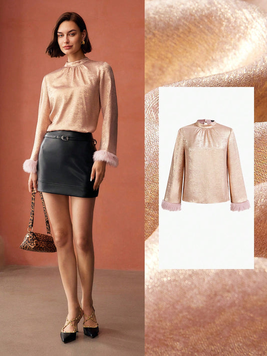 CM-TS619124 Women Elegant Seoul Style Mock Neck Contrast Fuzzy Cuff Fold Pleated Blouse - Rose Gold