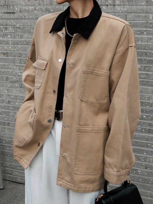CM-CS437025 Women Casual Seoul Style Contrast Color Collar Long Sleeve Pocket Loose Denim Jacket