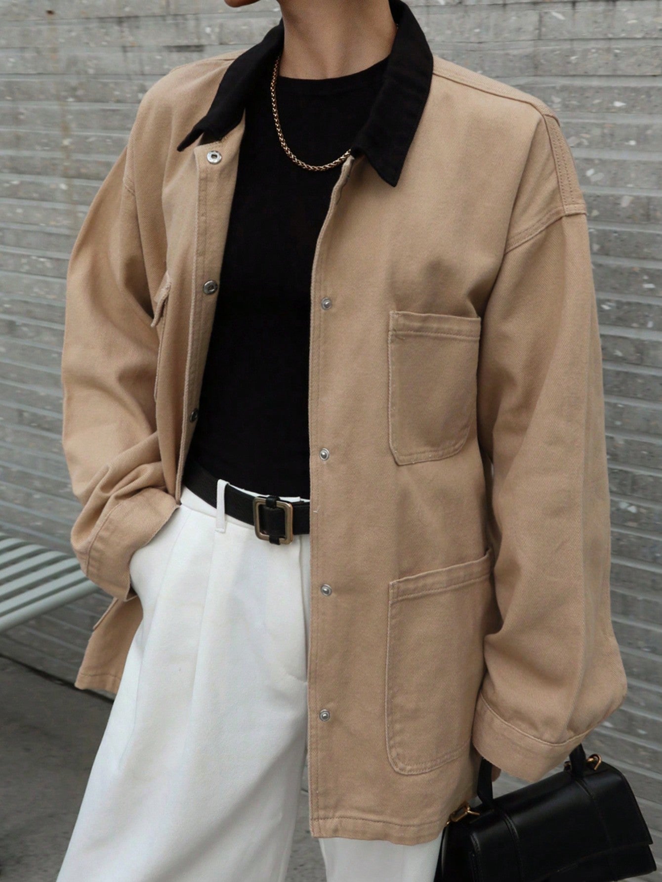 CM-CS437025 Women Casual Seoul Style Contrast Color Collar Long Sleeve Pocket Loose Denim Jacket