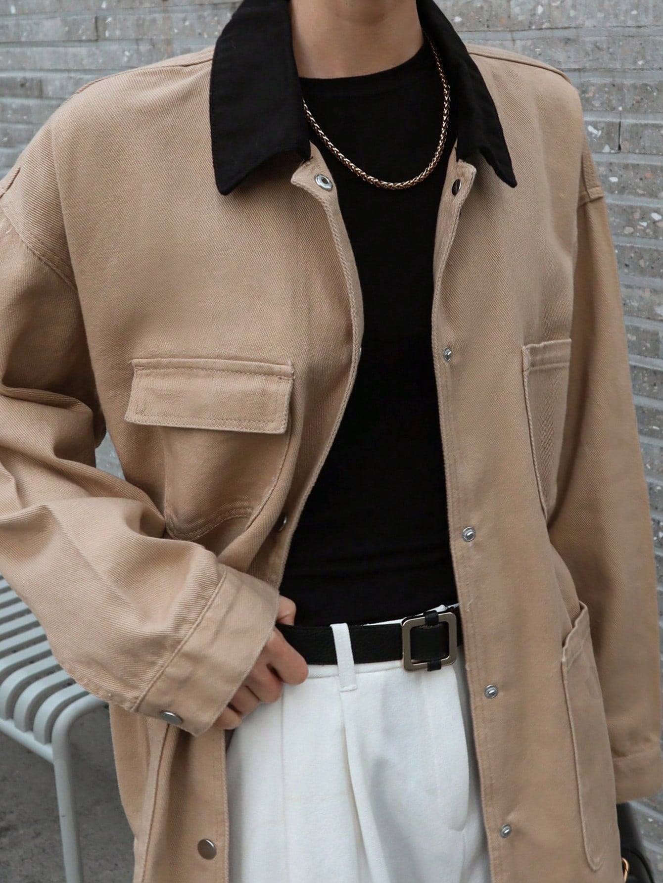 CM-CS437025 Women Casual Seoul Style Contrast Color Collar Long Sleeve Pocket Loose Denim Jacket