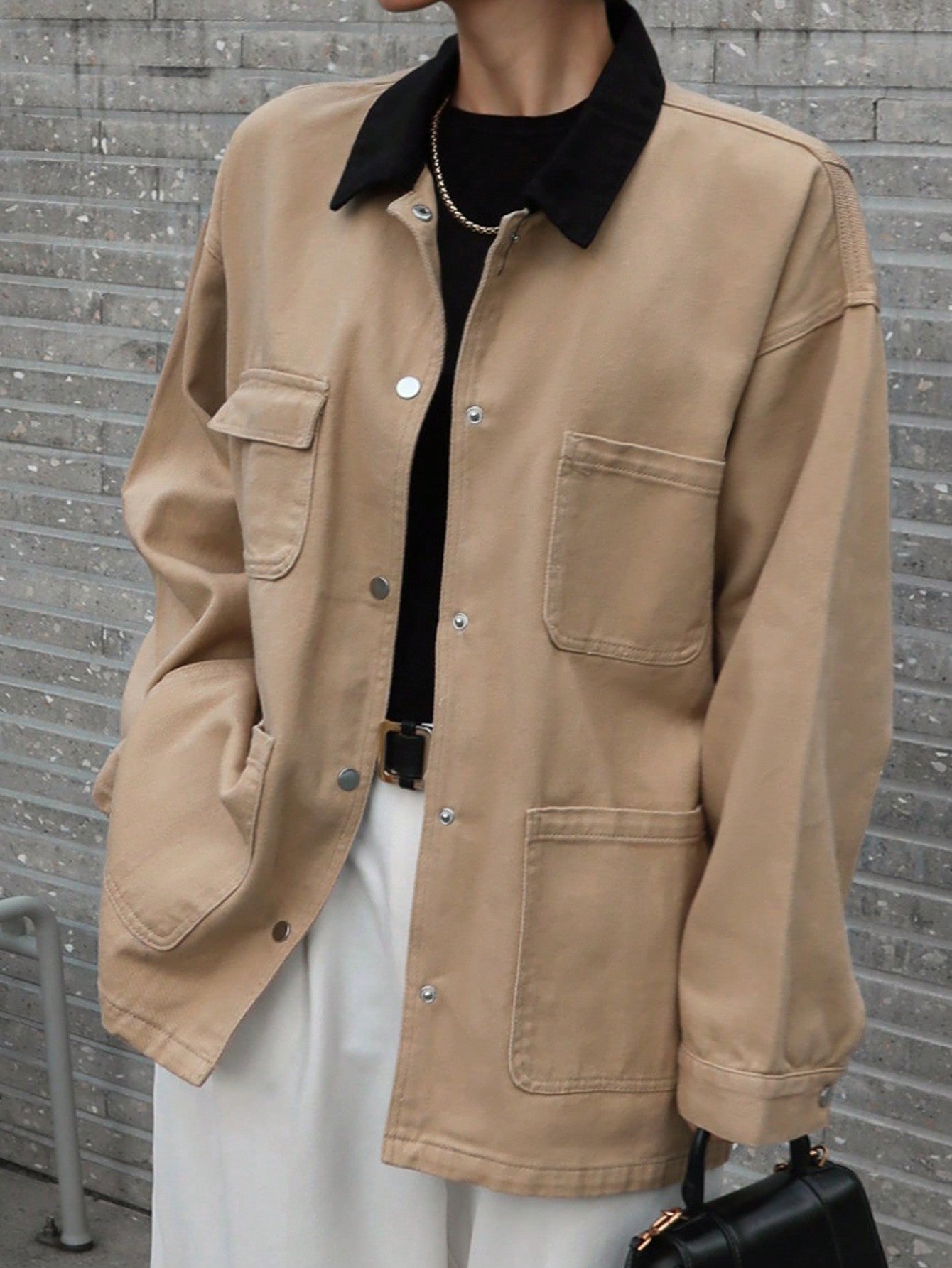 CM-CS437025 Women Casual Seoul Style Contrast Color Collar Long Sleeve Pocket Loose Denim Jacket