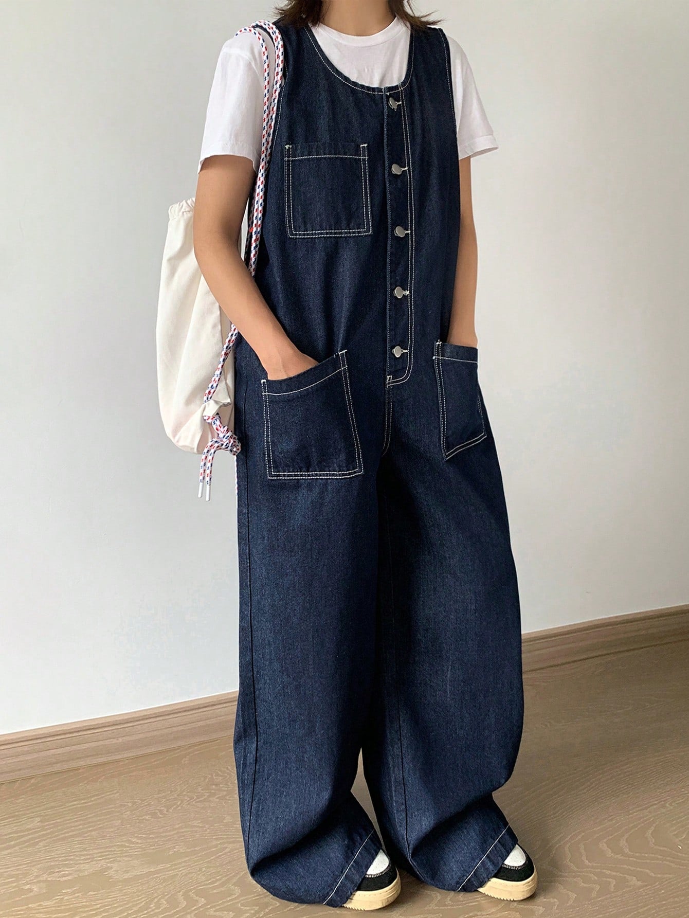CM-JS120180 Women Casual Seoul Style Dark Wash Scoop Neck Front Button Sleeveless Pockets Denim Bib Jumpsuit