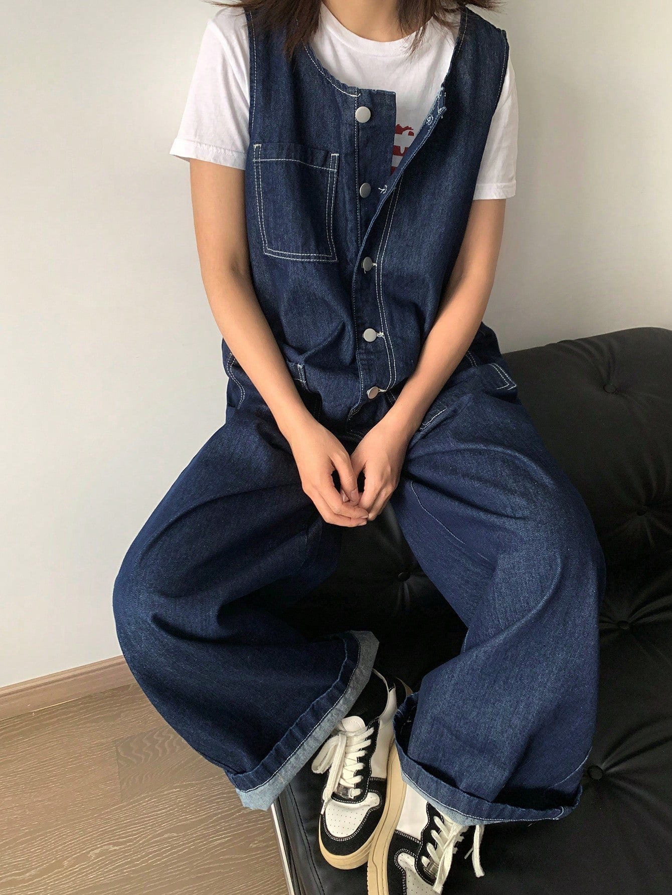 CM-JS120180 Women Casual Seoul Style Dark Wash Scoop Neck Front Button Sleeveless Pockets Denim Bib Jumpsuit