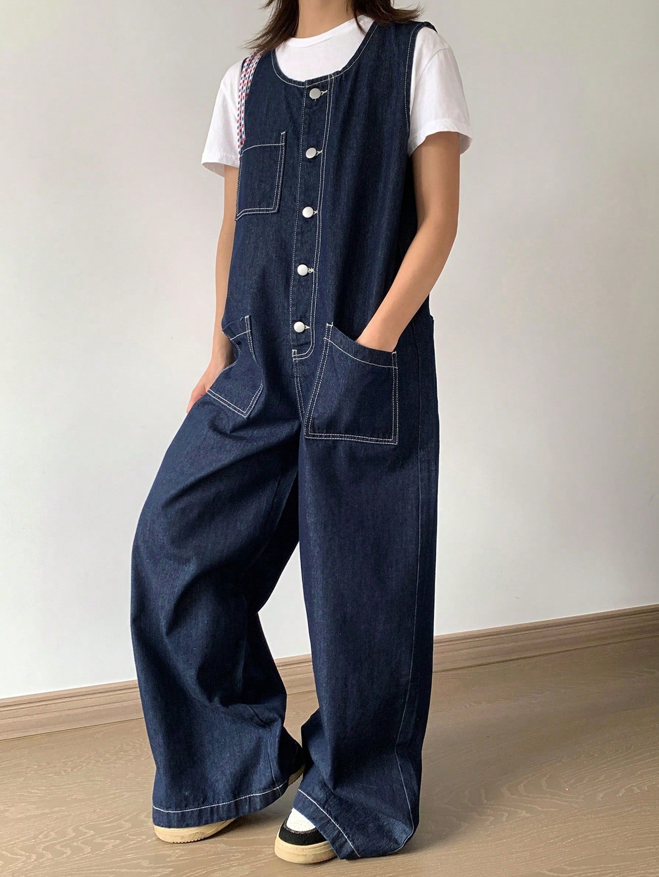 CM-JS120180 Women Casual Seoul Style Dark Wash Scoop Neck Front Button Sleeveless Pockets Denim Bib Jumpsuit