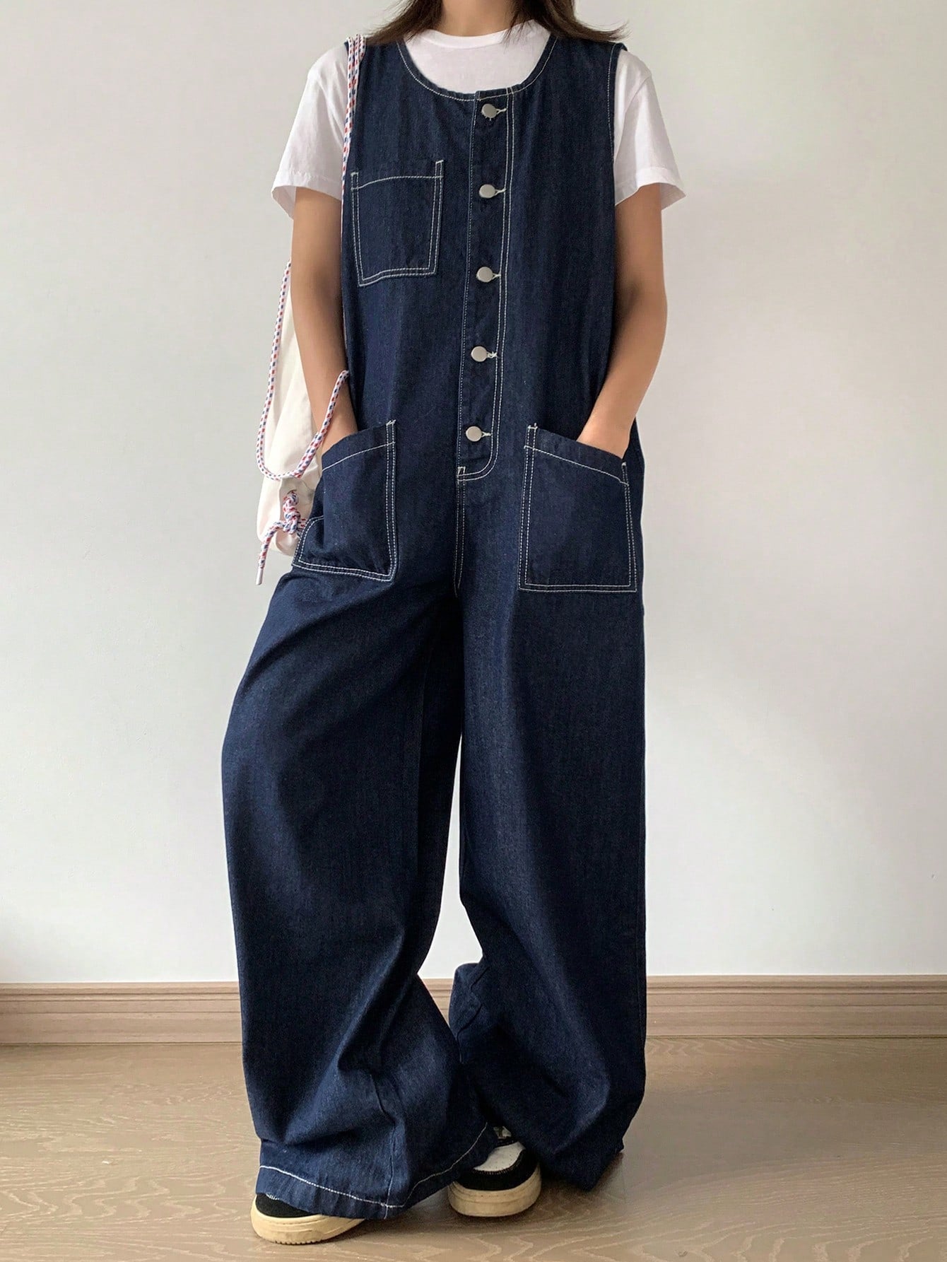 CM-JS120180 Women Casual Seoul Style Dark Wash Scoop Neck Front Button Sleeveless Pockets Denim Bib Jumpsuit