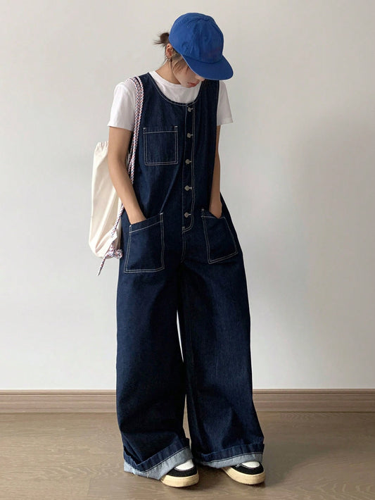 CM-JS120180 Women Casual Seoul Style Dark Wash Scoop Neck Front Button Sleeveless Pockets Denim Bib Jumpsuit