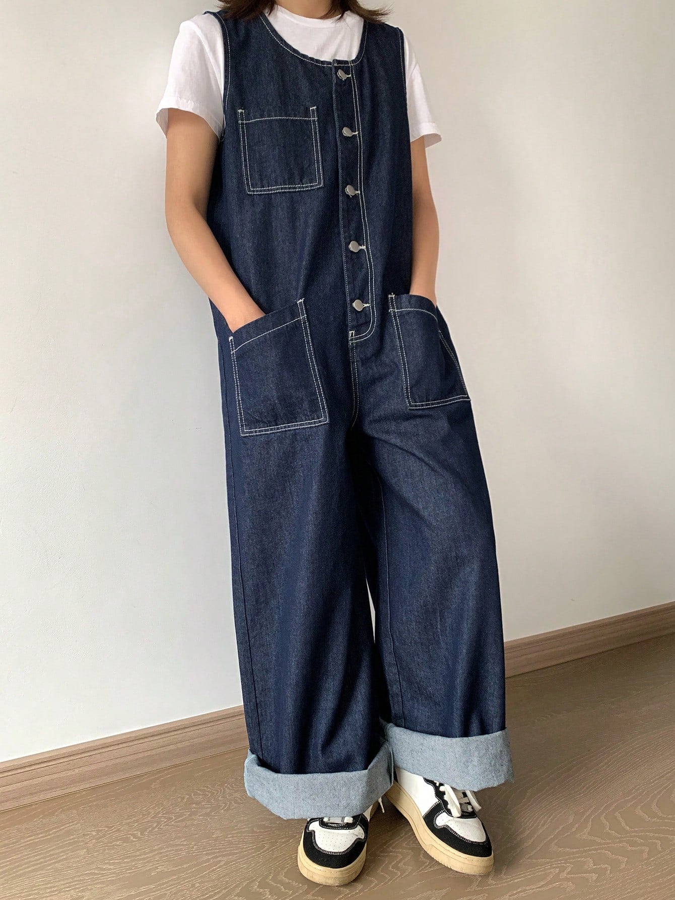 CM-JS120180 Women Casual Seoul Style Dark Wash Scoop Neck Front Button Sleeveless Pockets Denim Bib Jumpsuit