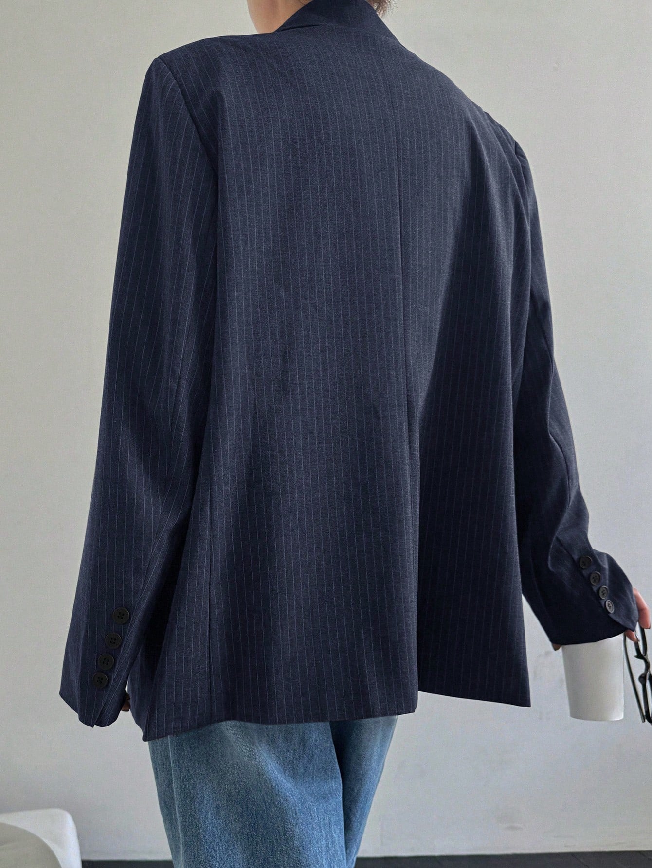 CM-CS941498 Women Elegant Seoul Style Striped Lapel Neckline Long Sleeve Suit Jacket - Navy Blue