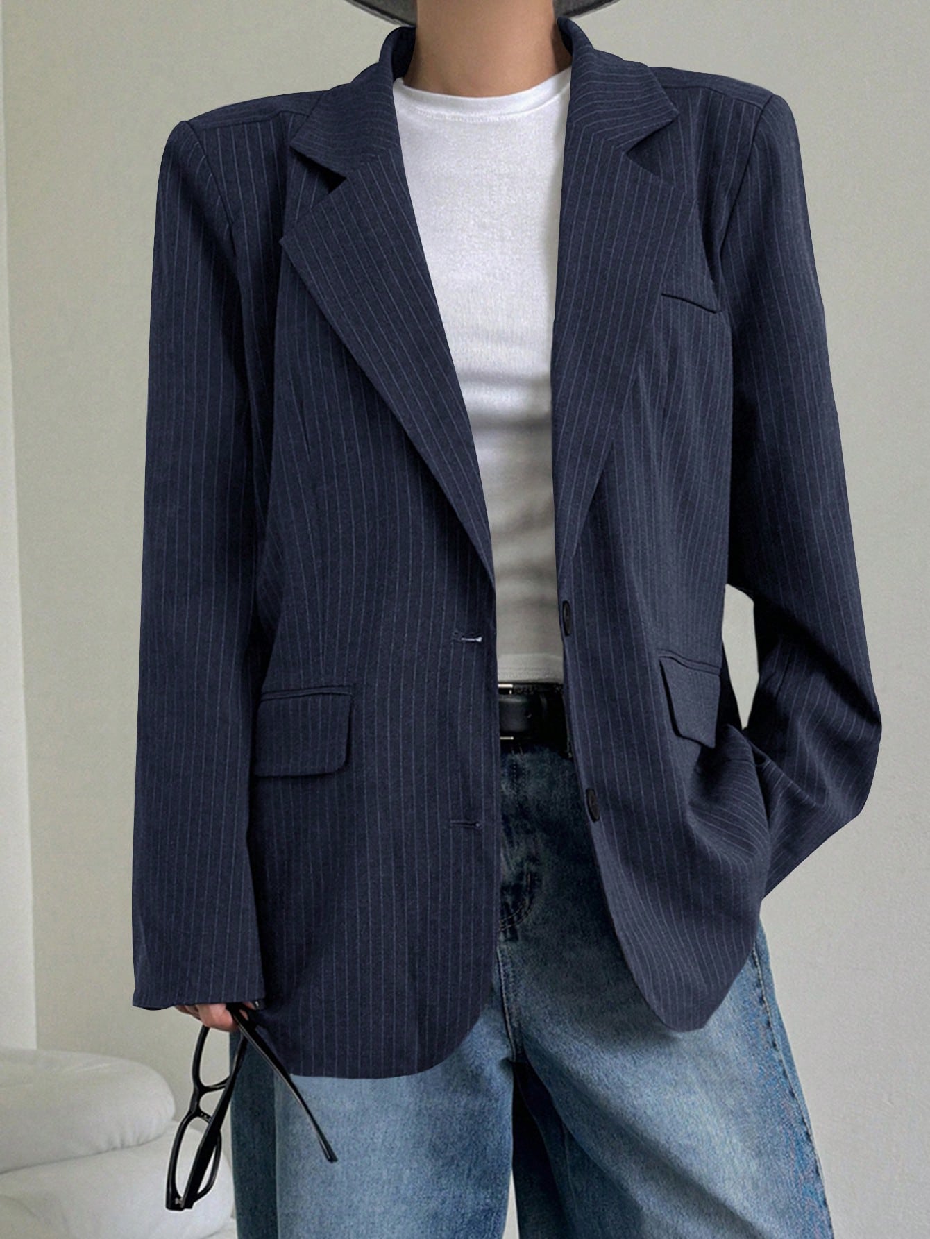 CM-CS941498 Women Elegant Seoul Style Striped Lapel Neckline Long Sleeve Suit Jacket - Navy Blue
