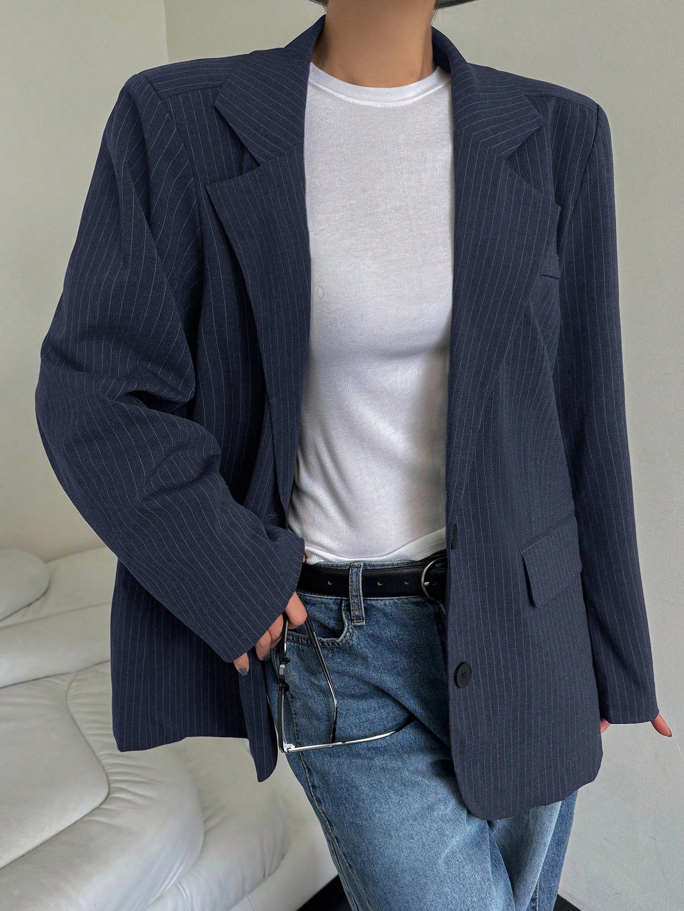 CM-CS941498 Women Elegant Seoul Style Striped Lapel Neckline Long Sleeve Suit Jacket - Navy Blue