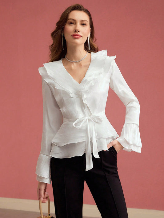 CM-TS609565 Women Elegant Seoul Style V-Neck Ruffle Trim Flare Sleeve Blouse - White