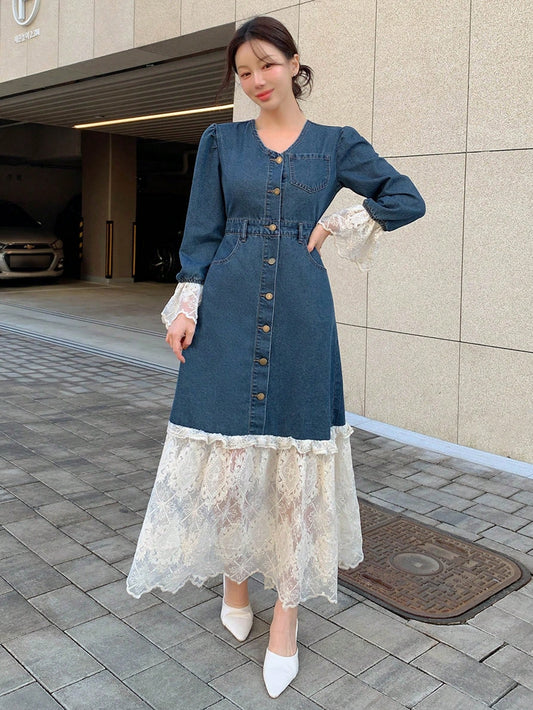 CM-DS842868 Women Casual Seoul Style Dark Wash V-Neck Lace Patchwork Hem Puff Sleeve Denim Dress