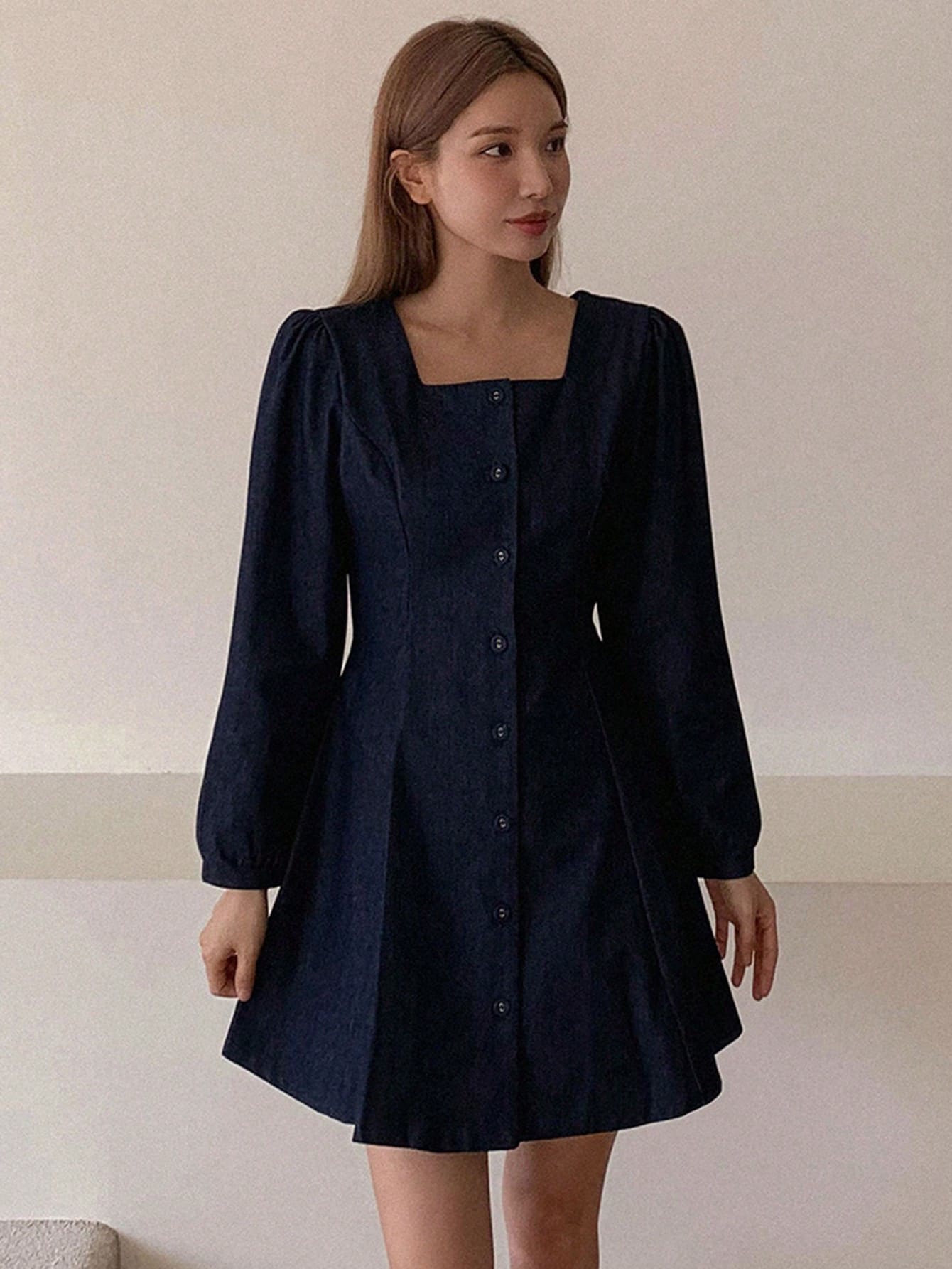 CM-DS786811 Women Casual Seoul Style Dark Wash Collared Puff Sleeve Solid Fit Short Denim Dress