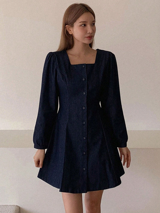CM-DS786811 Women Casual Seoul Style Dark Wash Collared Puff Sleeve Solid Fit Short Denim Dress