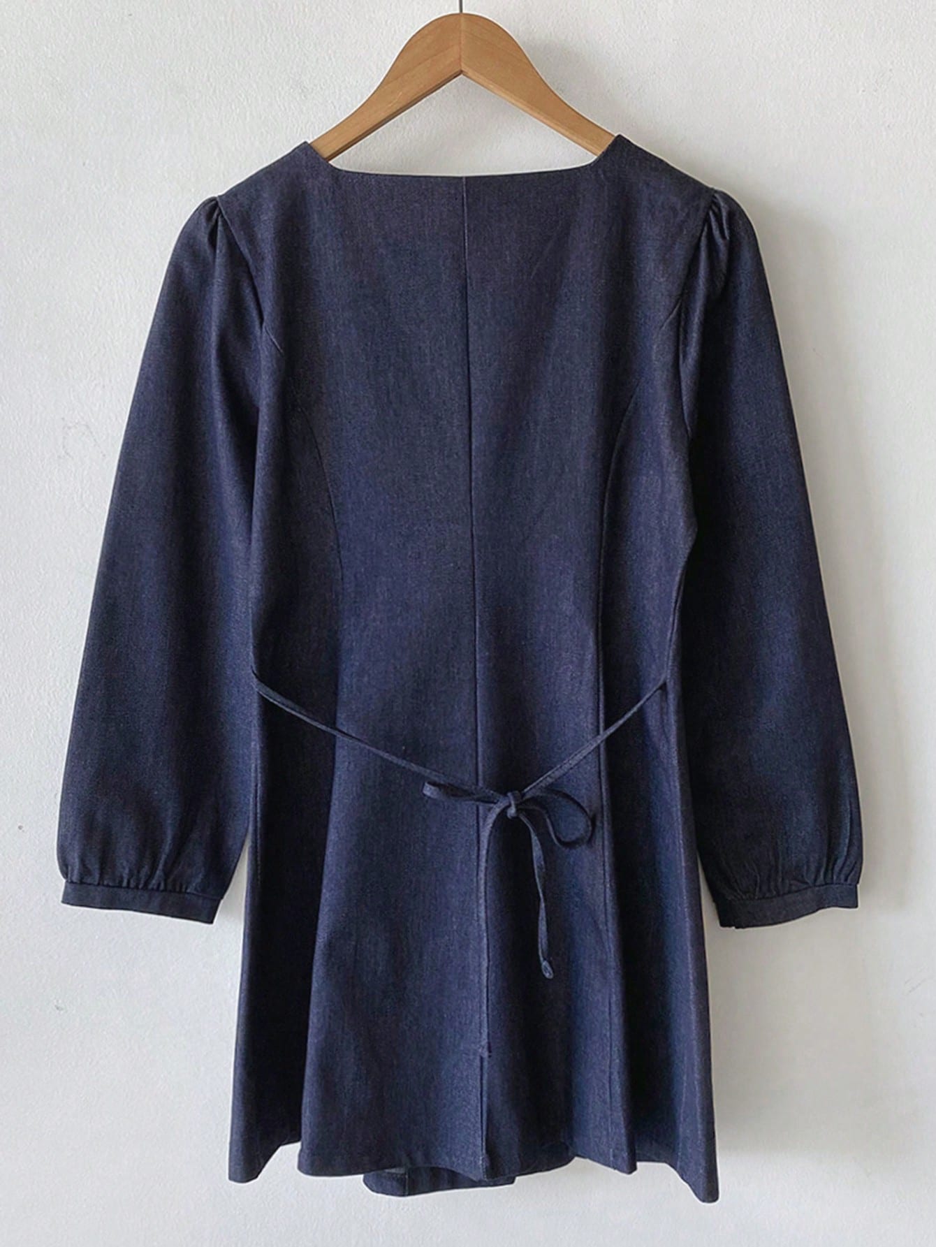 CM-DS786811 Women Casual Seoul Style Dark Wash Collared Puff Sleeve Solid Fit Short Denim Dress