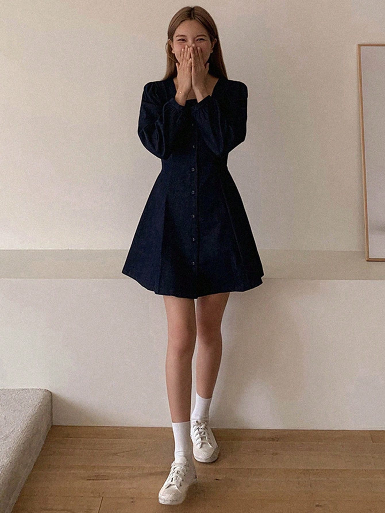 CM-DS786811 Women Casual Seoul Style Dark Wash Collared Puff Sleeve Solid Fit Short Denim Dress