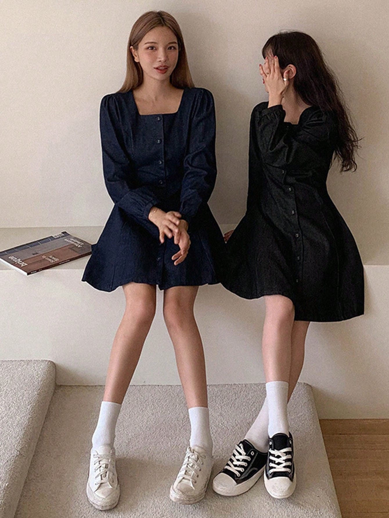 CM-DS786811 Women Casual Seoul Style Dark Wash Collared Puff Sleeve Solid Fit Short Denim Dress