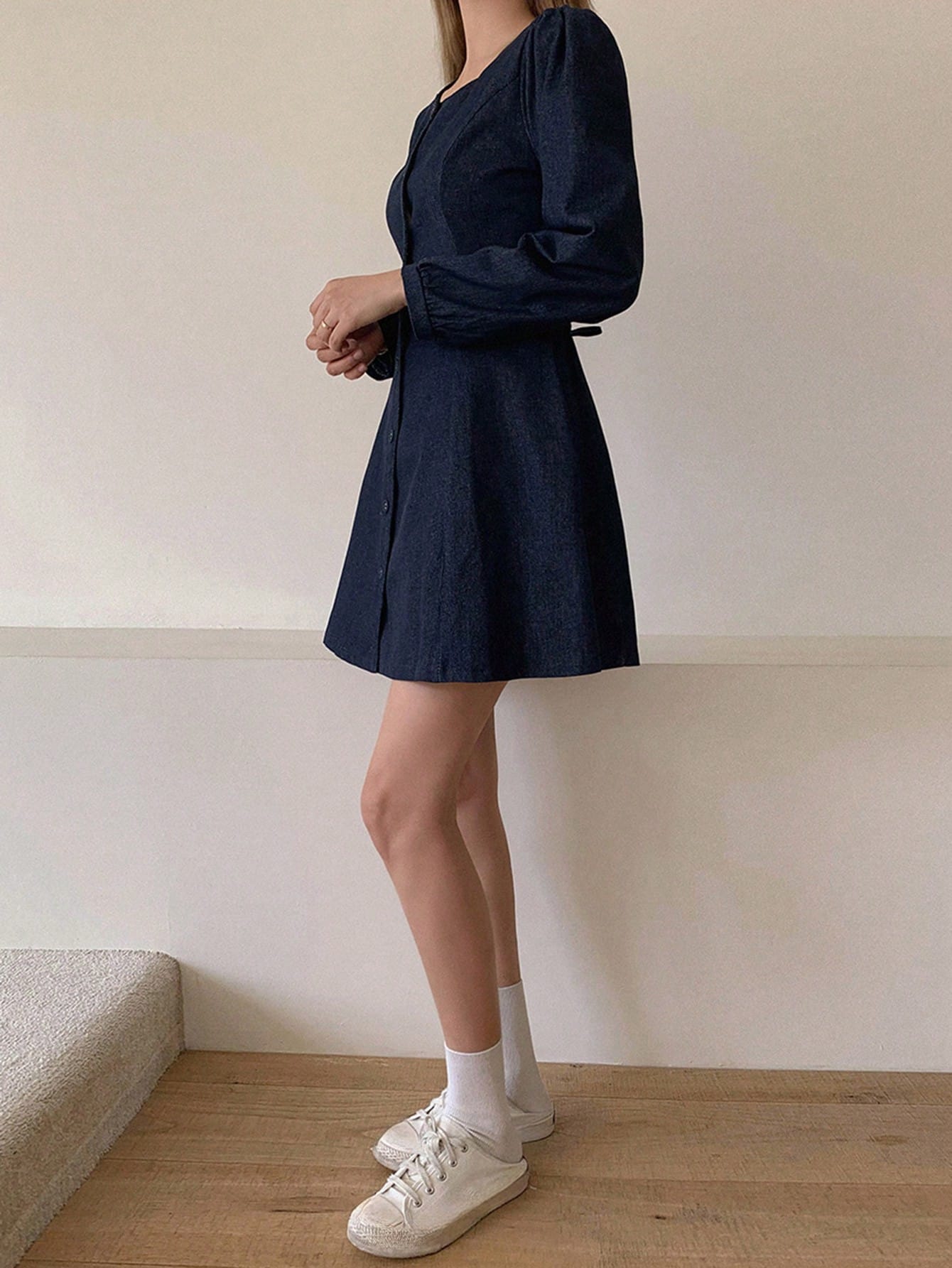 CM-DS786811 Women Casual Seoul Style Dark Wash Collared Puff Sleeve Solid Fit Short Denim Dress
