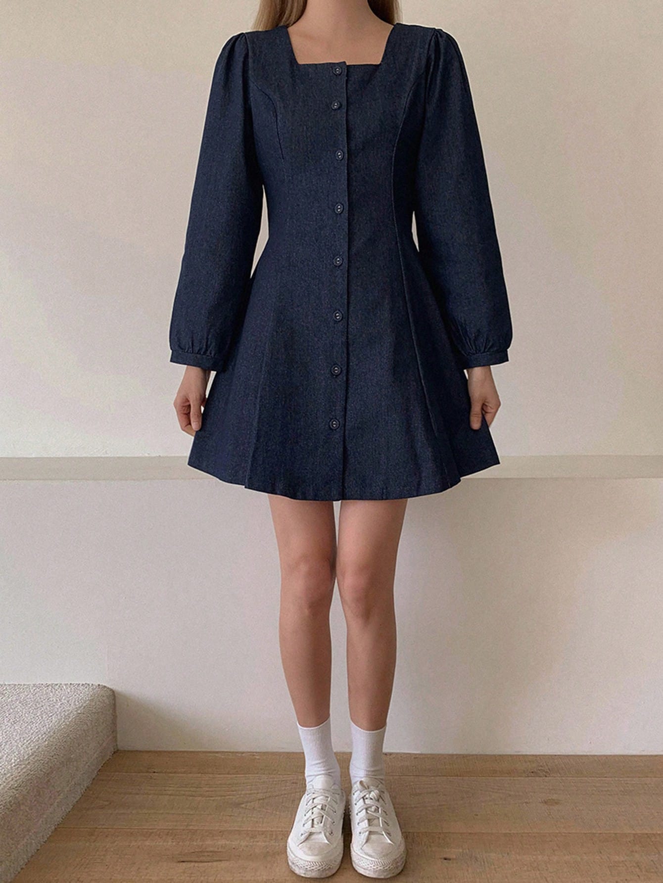 CM-DS786811 Women Casual Seoul Style Dark Wash Collared Puff Sleeve Solid Fit Short Denim Dress