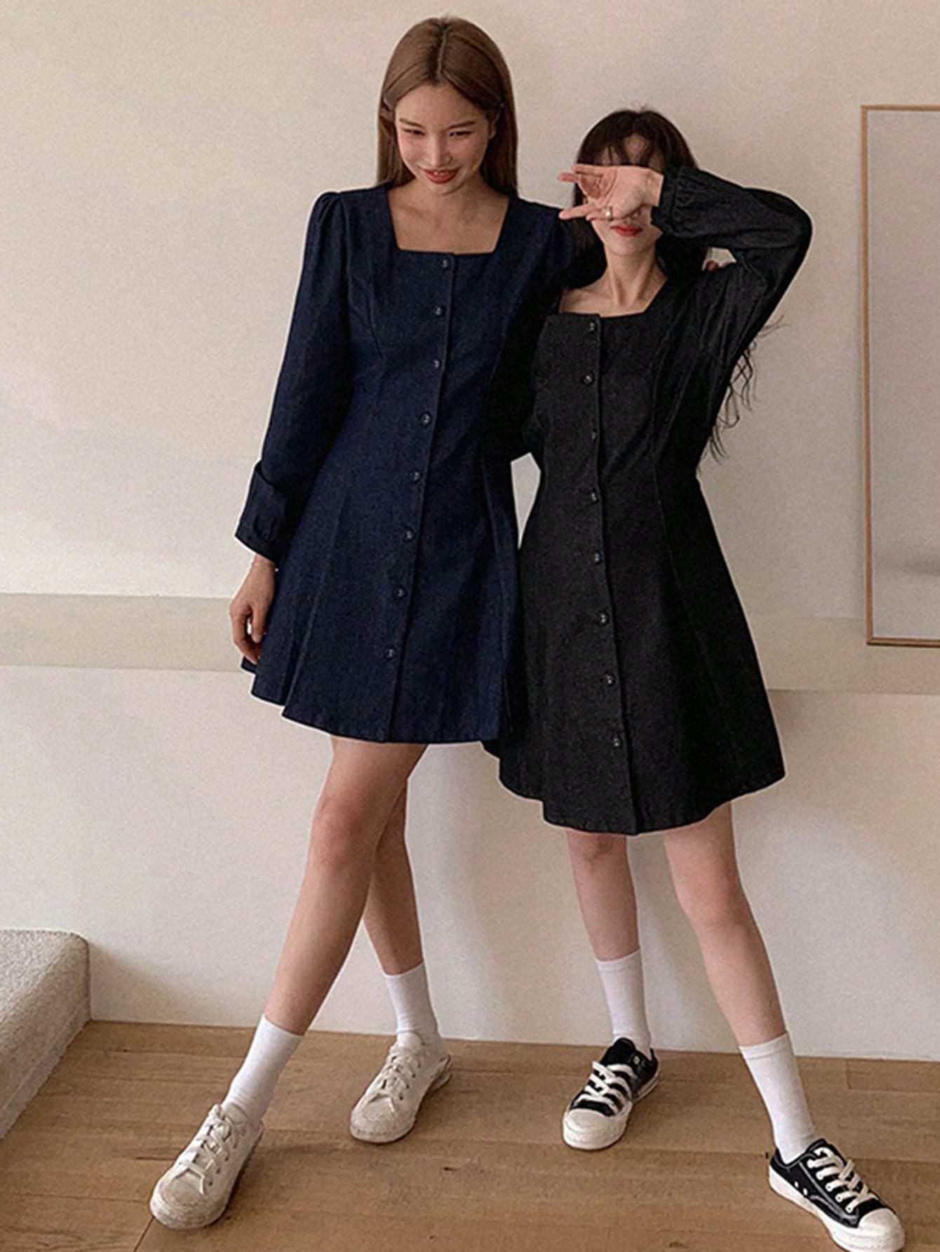 CM-DS786811 Women Casual Seoul Style Dark Wash Collared Puff Sleeve Solid Fit Short Denim Dress