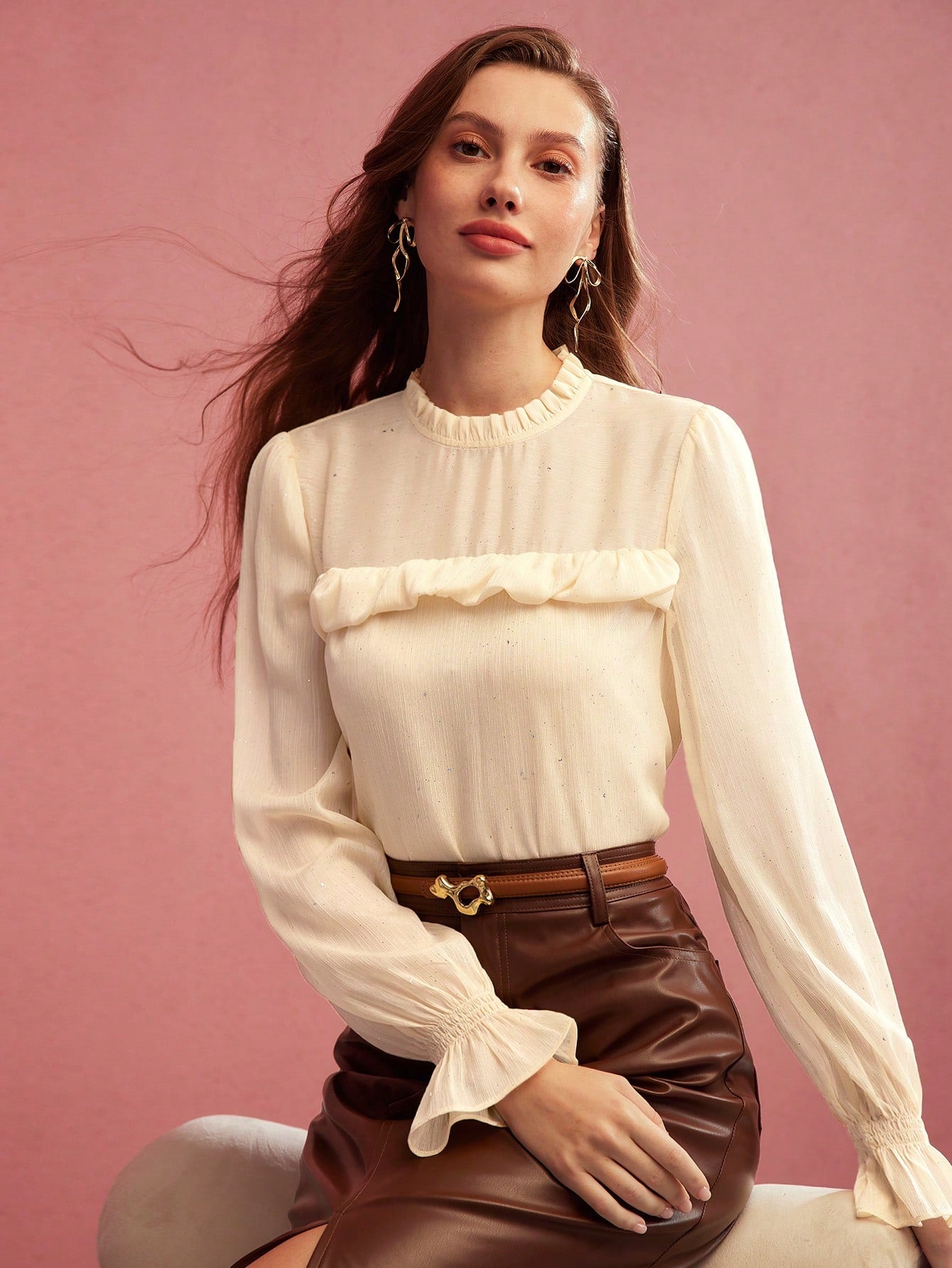CM-TS887473 Women Elegant Seoul Style Stand Collar Long Sleeve Ruffle Trim Textured Blouse - Apricot