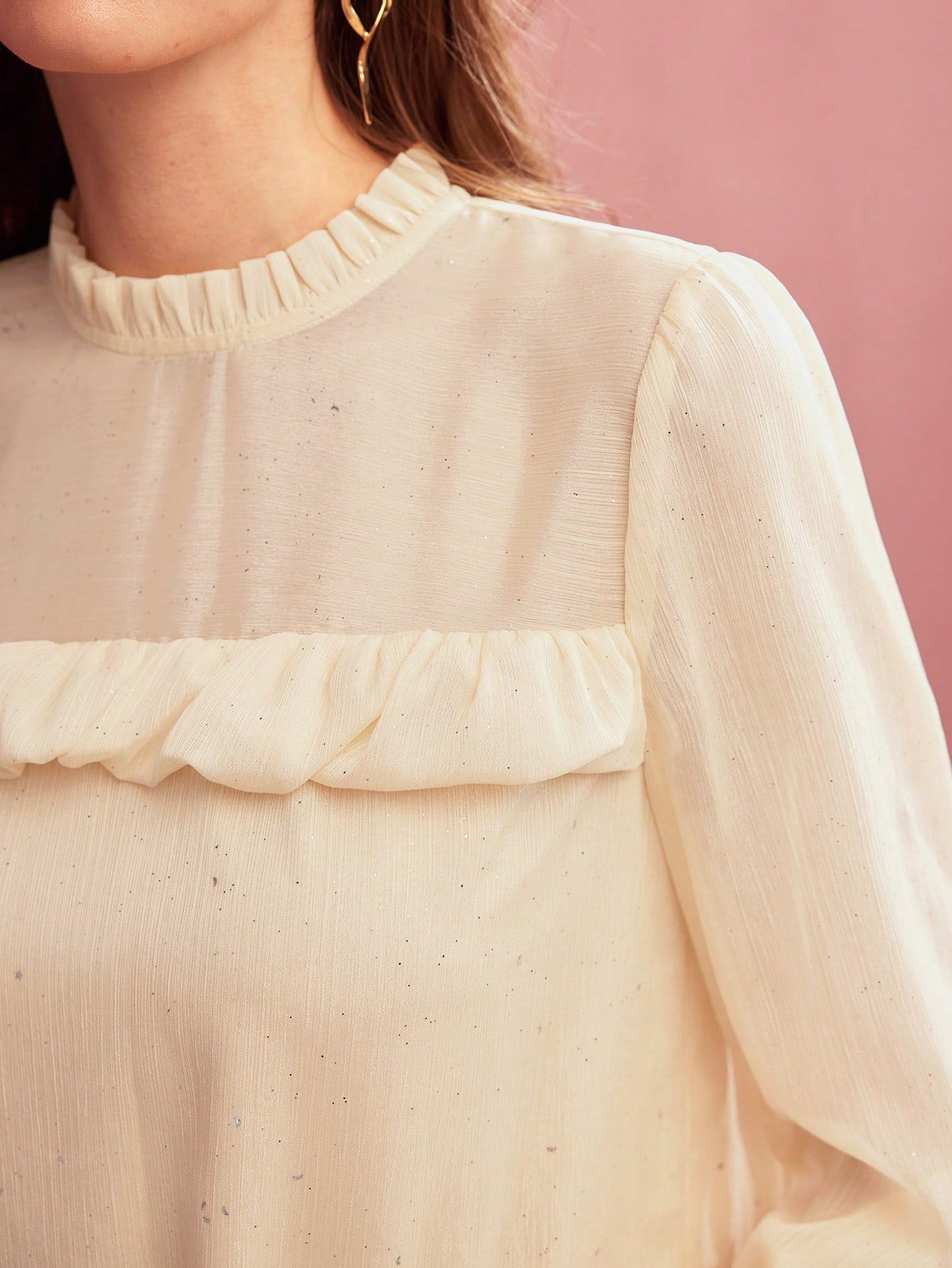 CM-TS887473 Women Elegant Seoul Style Stand Collar Long Sleeve Ruffle Trim Textured Blouse - Apricot