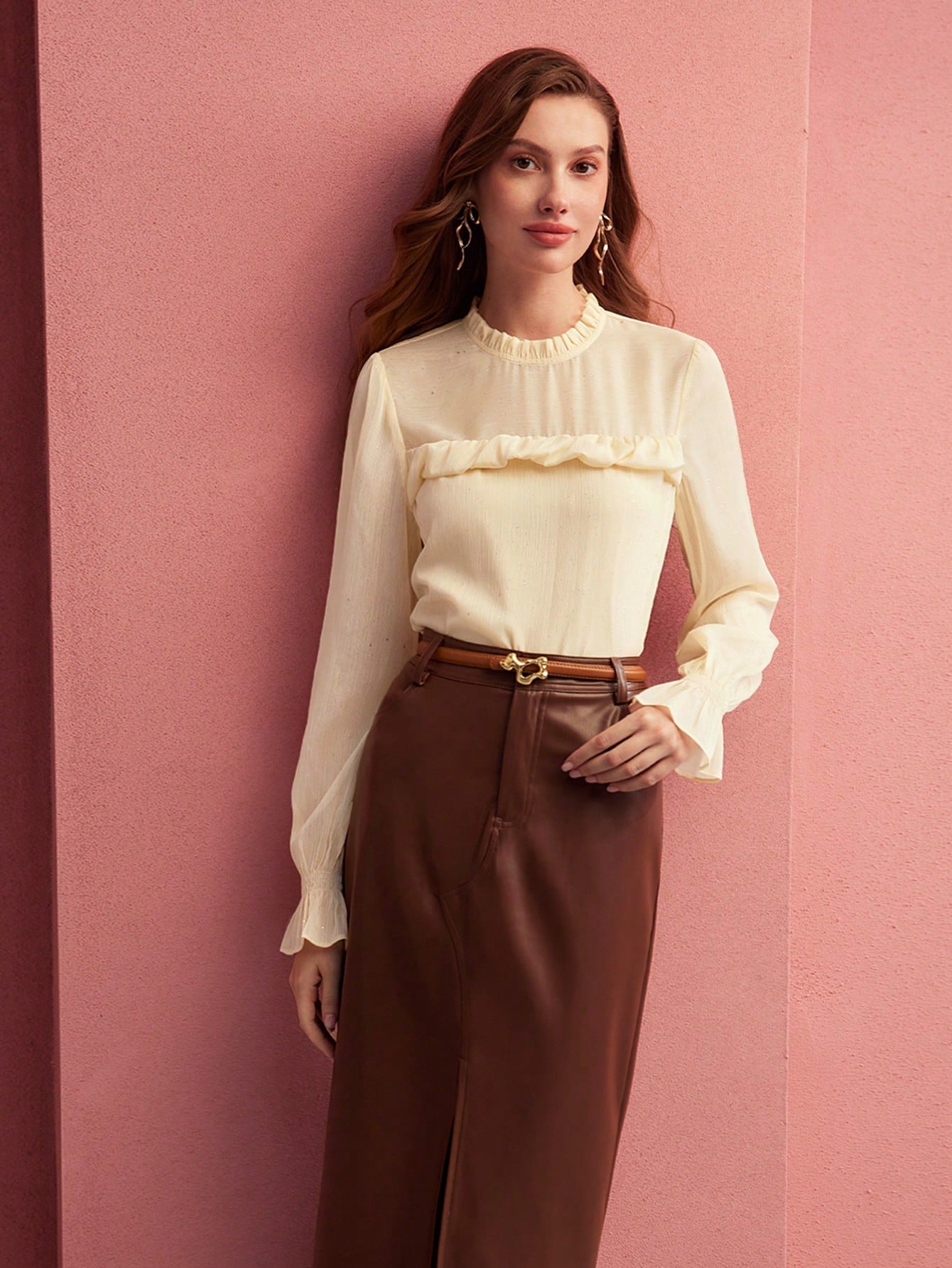 CM-TS887473 Women Elegant Seoul Style Stand Collar Long Sleeve Ruffle Trim Textured Blouse - Apricot