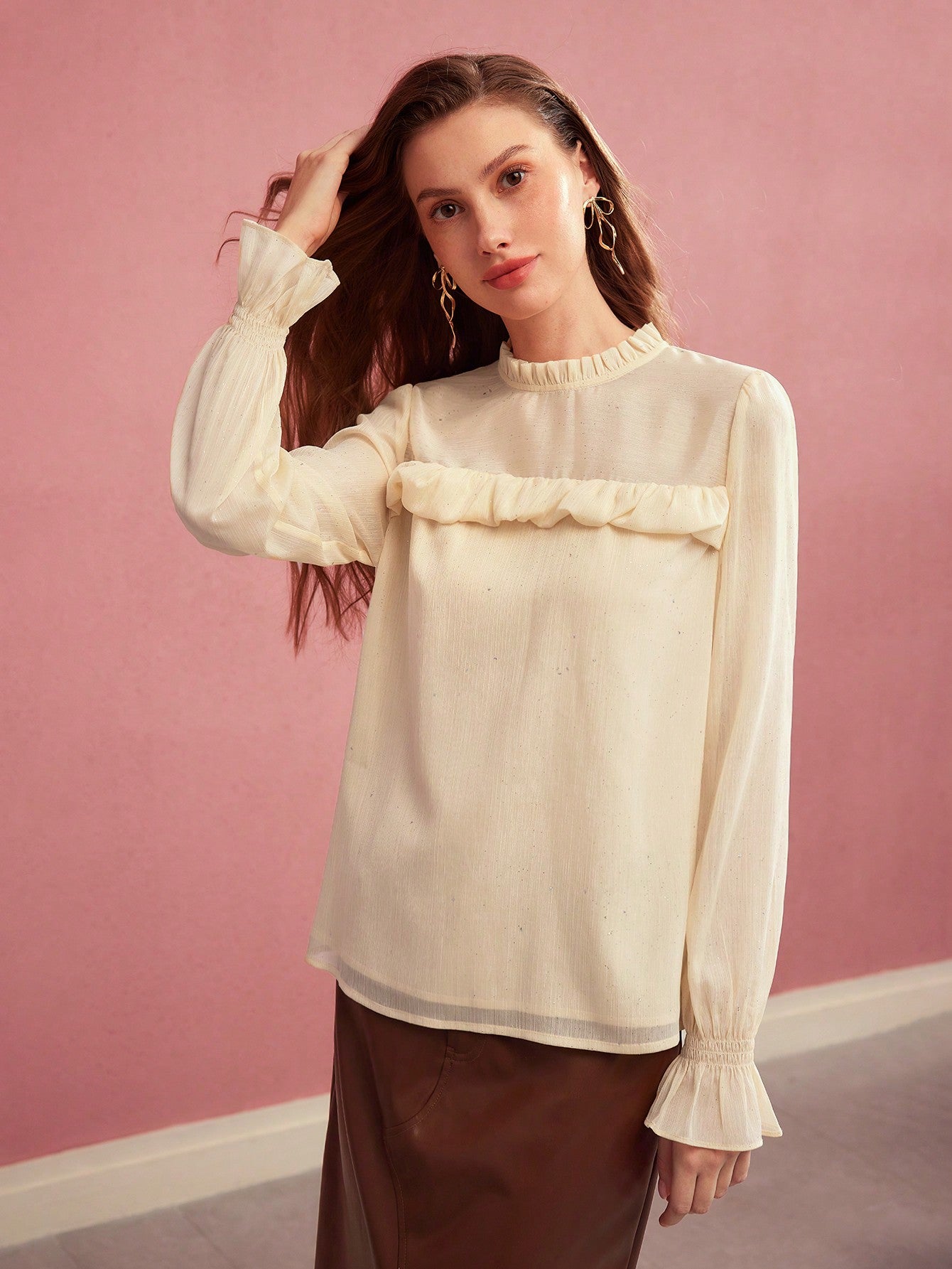 CM-TS887473 Women Elegant Seoul Style Stand Collar Long Sleeve Ruffle Trim Textured Blouse - Apricot