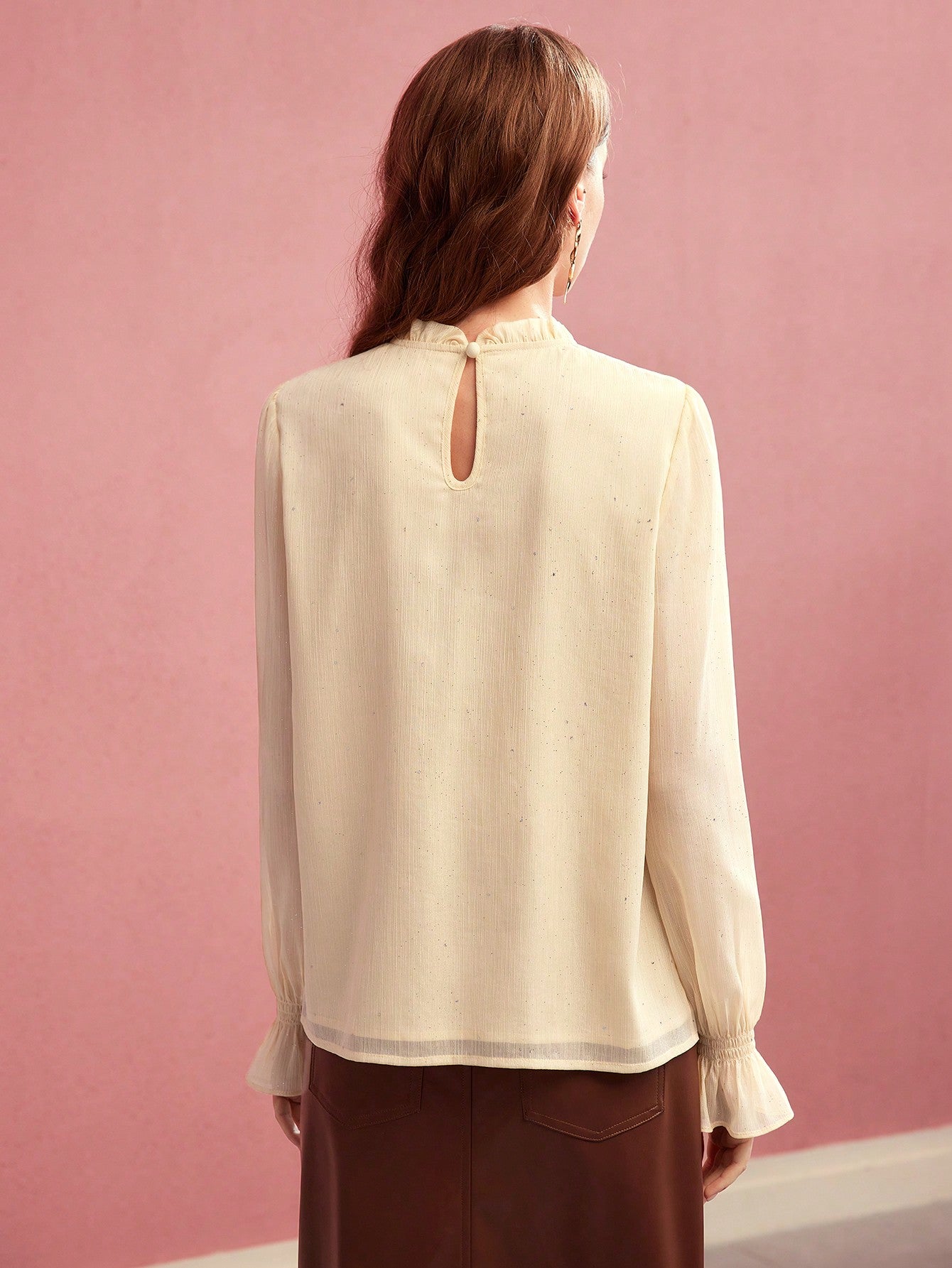 CM-TS887473 Women Elegant Seoul Style Stand Collar Long Sleeve Ruffle Trim Textured Blouse - Apricot