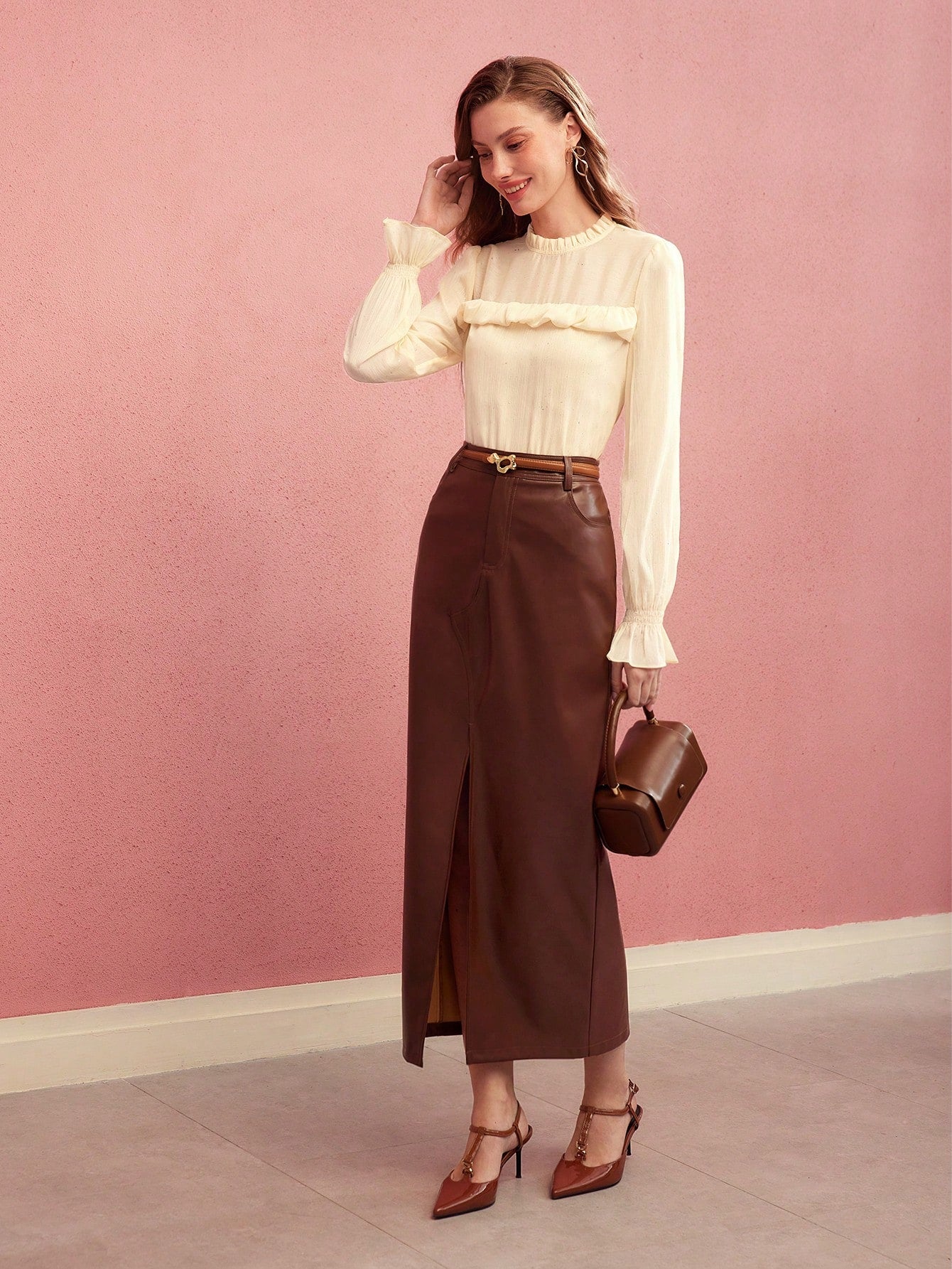 CM-TS887473 Women Elegant Seoul Style Stand Collar Long Sleeve Ruffle Trim Textured Blouse - Apricot