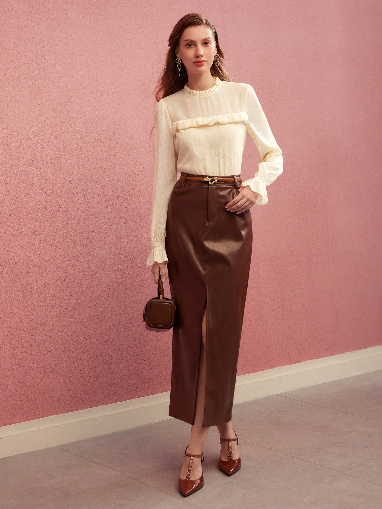 CM-TS887473 Women Elegant Seoul Style Stand Collar Long Sleeve Ruffle Trim Textured Blouse - Apricot