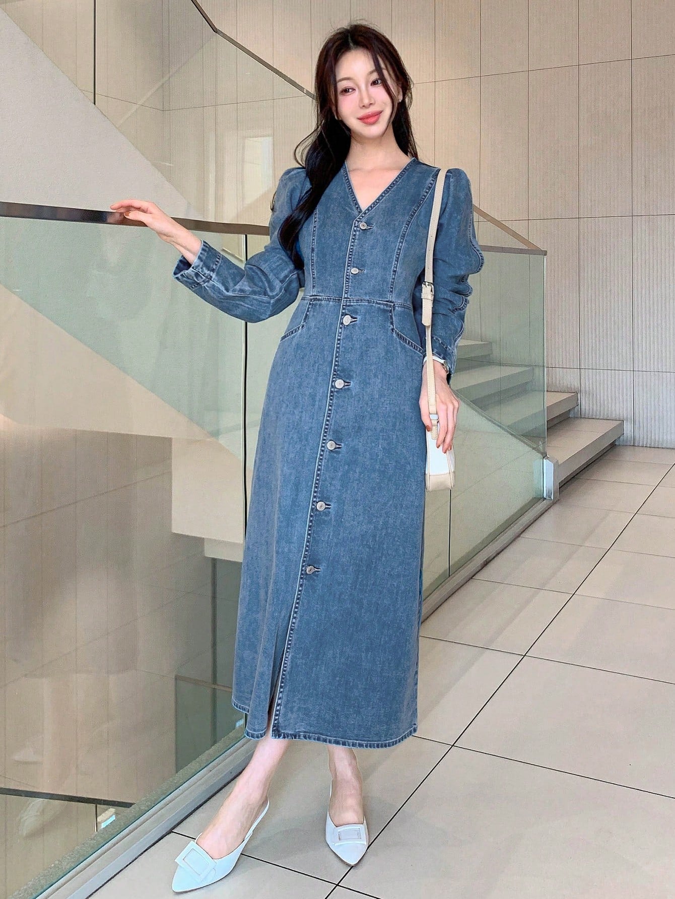 CM-DS121014 Women Casual Seoul Style V-Neck Puff Sleeve High Waist Loose Denim Dress - Blue